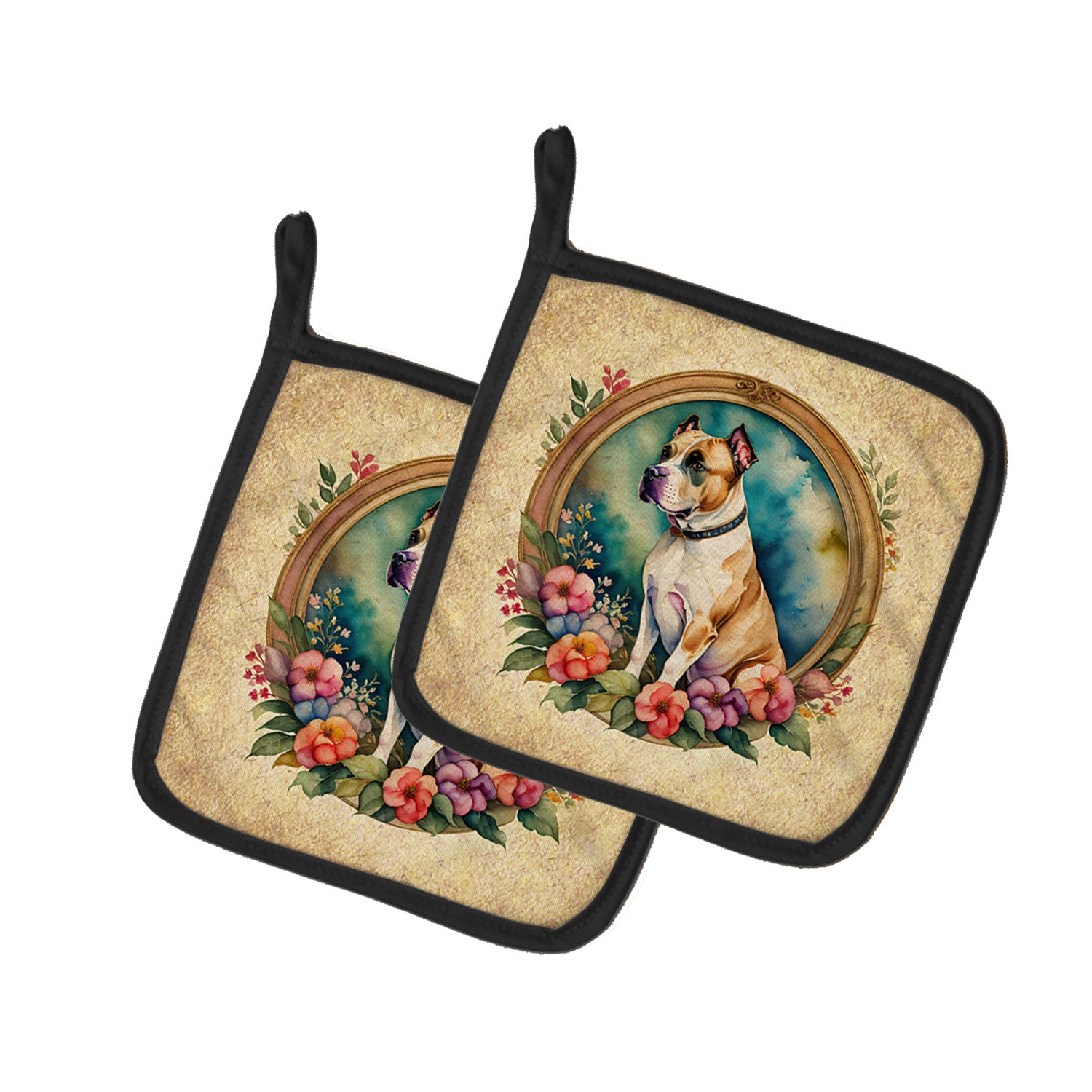 American Staffordshire Terrier and Flowers Pair of Pot Holders Kitchen Heat Resistant Pot Holders Sets Oven Hot Pads for Cooking Baking BBQ, 7 1/2 x 7 1/2