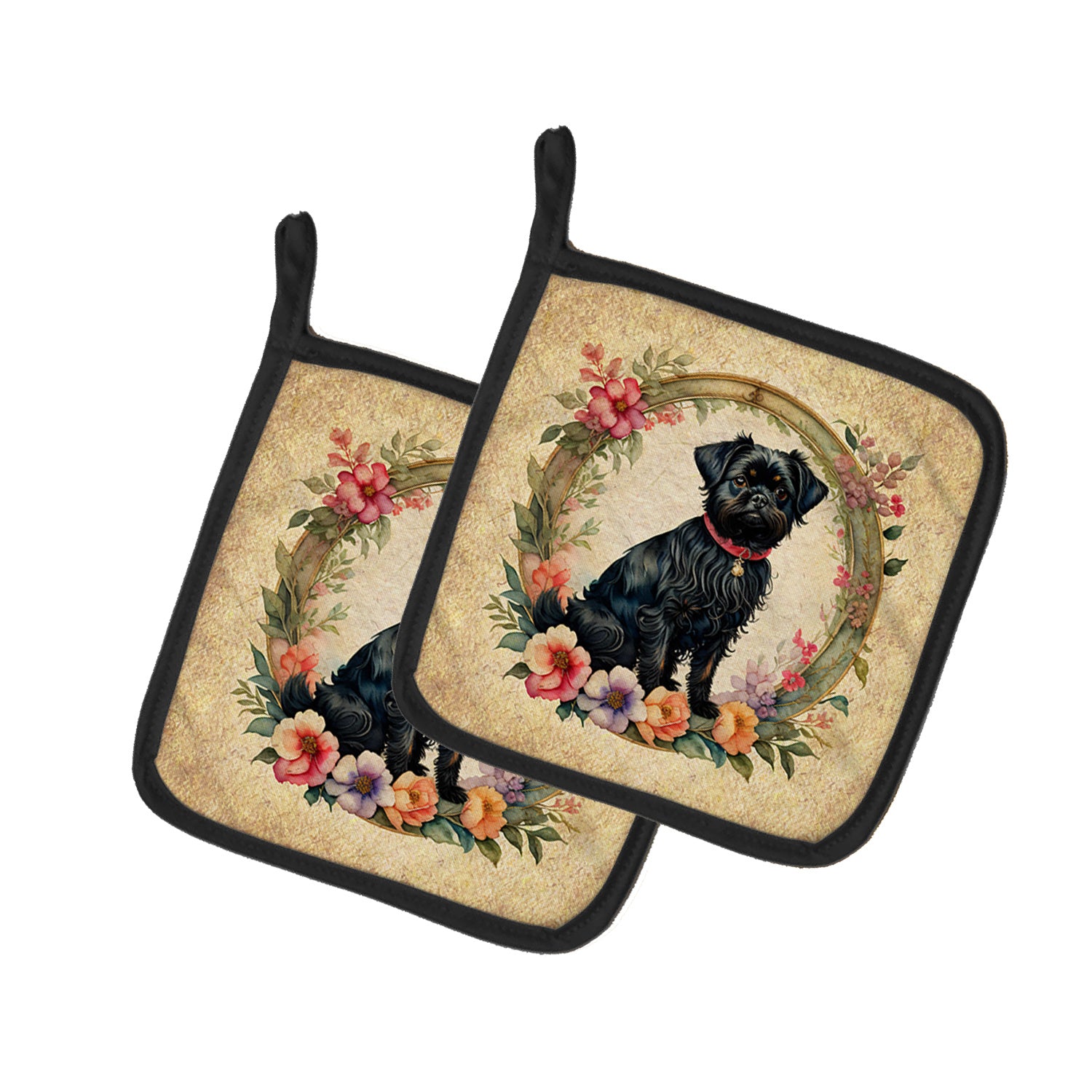 Affenpinscher and Flowers Pair of Pot Holders Kitchen Heat Resistant Pot Holders Sets Oven Hot Pads for Cooking Baking BBQ, 7 1/2 x 7 1/2