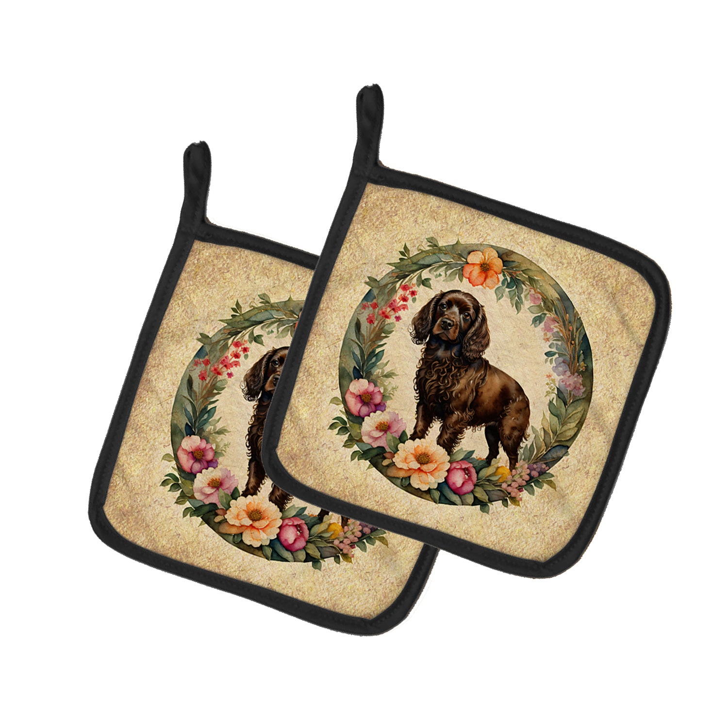 Boykin Spaniel and Flowers Pair of Pot Holders Kitchen Heat Resistant Pot Holders Sets Oven Hot Pads for Cooking Baking BBQ, 7 1/2 x 7 1/2
