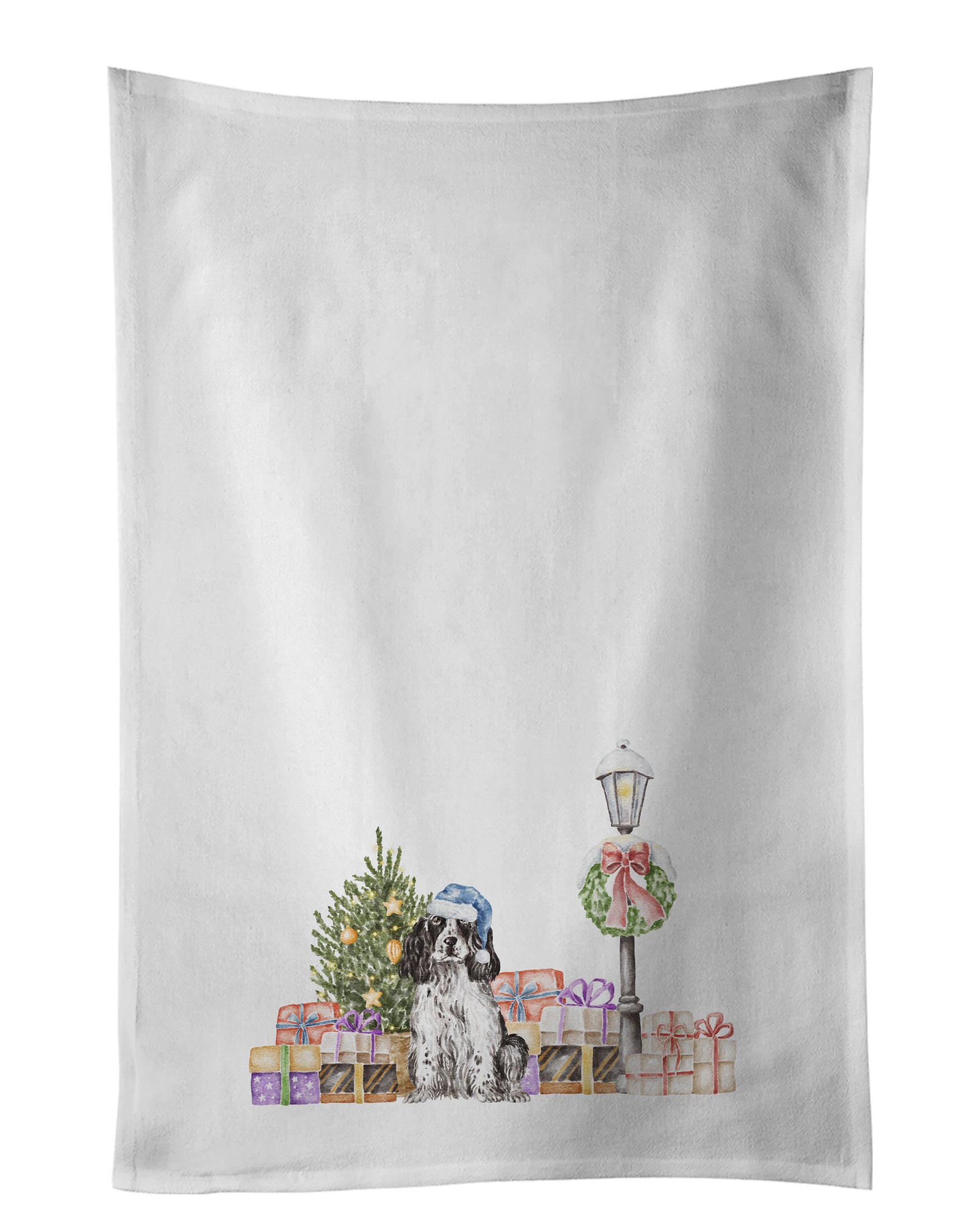 NEW Cocker Spaniel Black and White with Christmas Wonderland Kitchen Towel Set of 2 White Dish Towels Decorative Bathroom Hand towel for Hand, Face, Hair, Yoga, Tea, Dishcloth, 19 X 28", White