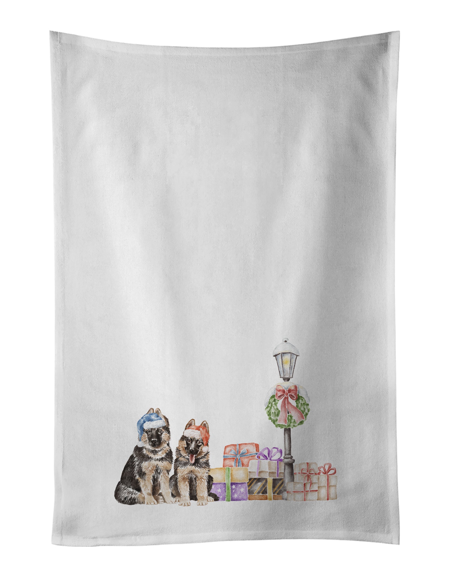 NEW German Shepherd Puppy Duo with Christmas Wonderland Kitchen Towel Set of 2 White Dish Towels Decorative Bathroom Hand towel for Hand, Face, Hair, Yoga, Tea, Dishcloth, 19 X 28", White