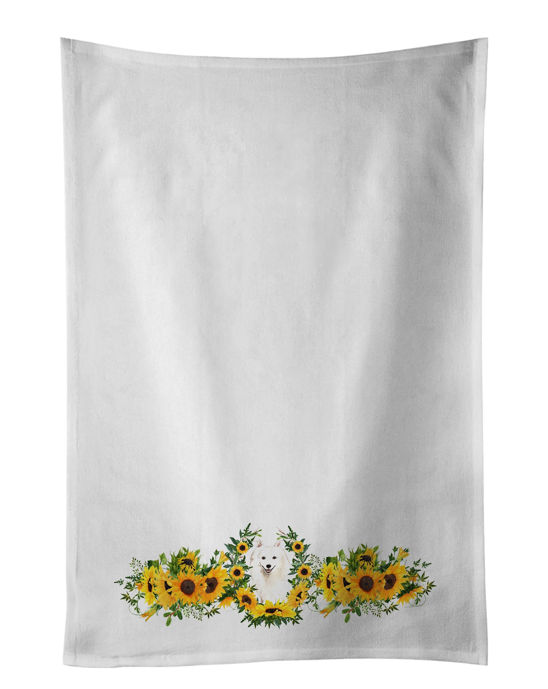 NEW Japanese Spitz in Sunflowers Kitchen Towel Set of 2 White Dish Towels Decorative Bathroom Hand towel for Hand, Face, Hair, Yoga, Tea, Dishcloth, 19 X 28", White