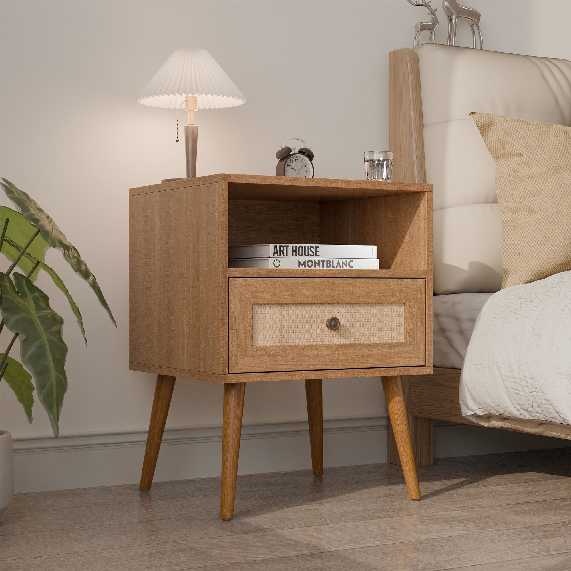 Nightstand with Natural Rattan Door Rattan Drawer; Wooden Bedside Table End Table for Living Room and Bedroom
