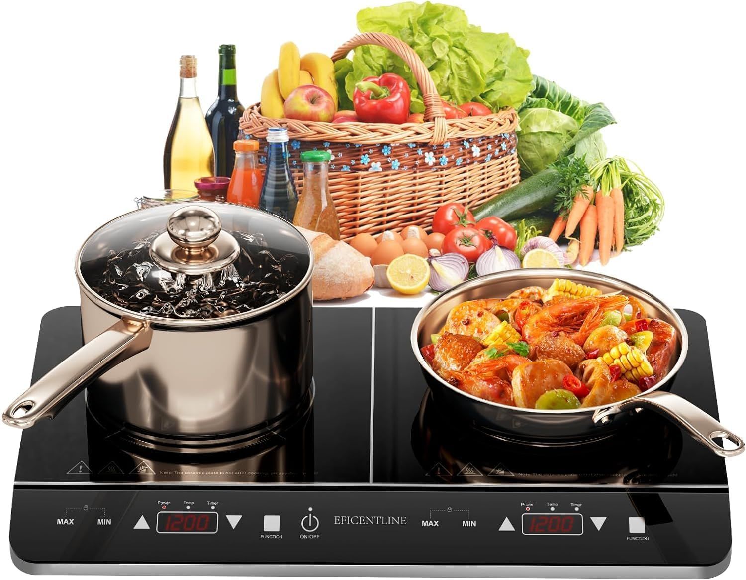 1800W Double Induction Cooktop, Induction Burners with 2 Large 8" Heating Coils, 2 Burner Portable Induction Cooktop with 9 Power Settings, 180 Mins Timer & Child Safety Lock, Black