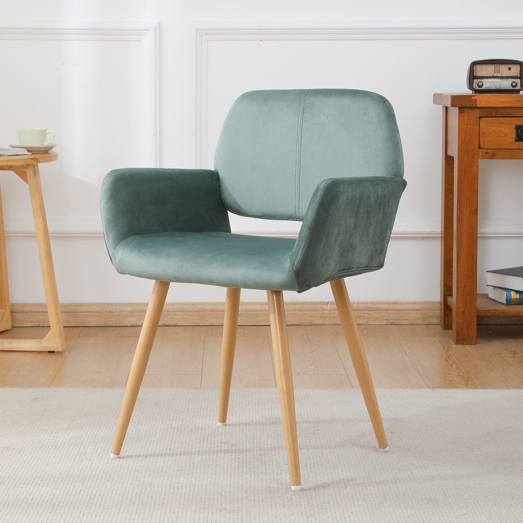 Velet Upholstered Side Dining Chair with Metal Leg(Green velet+Beech Wooden Printing Leg),KD backrest