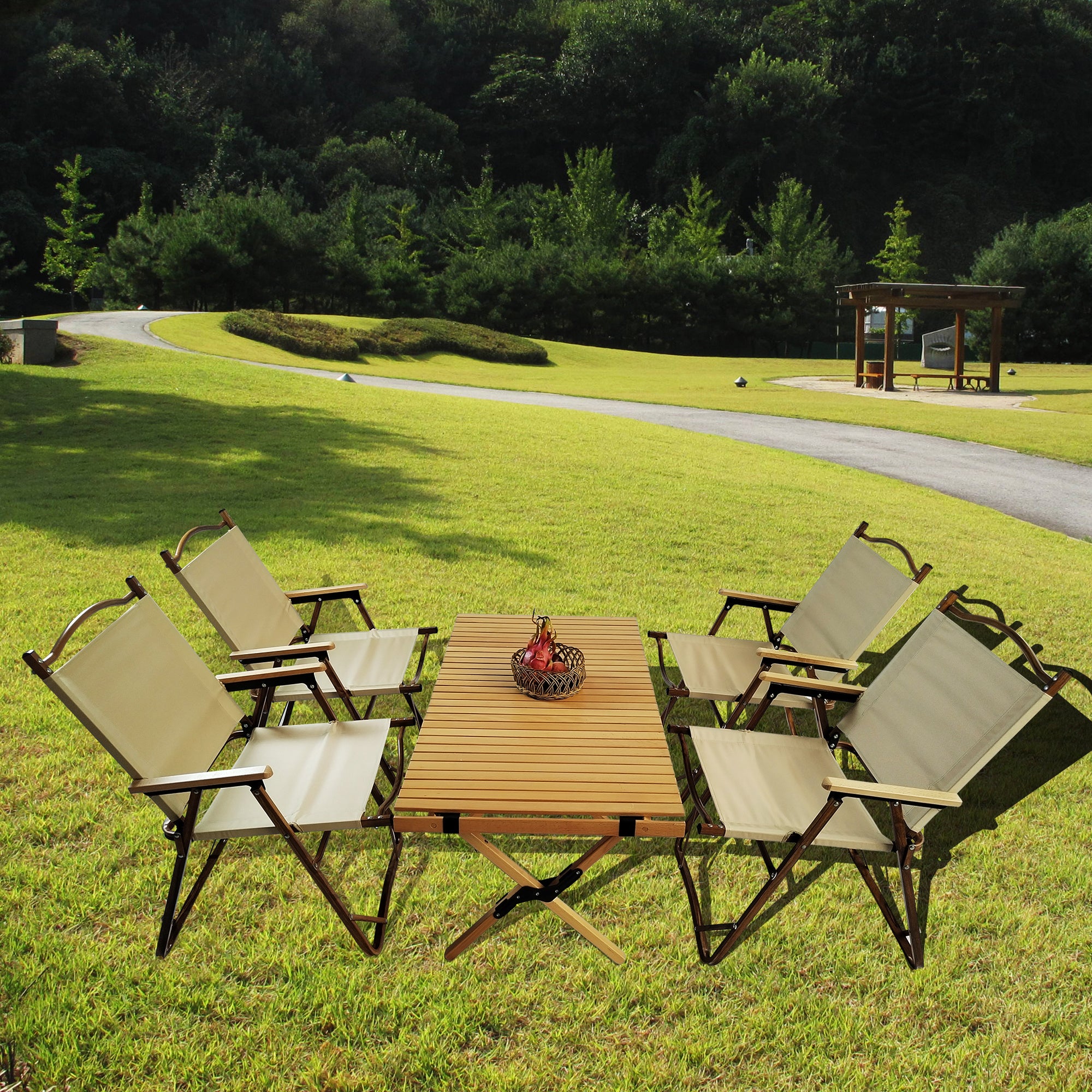 Multi-Function Foldable and Portable Dining Set, 1 Dining Table & 4 Folding Chairs, Indoor and outdoor universal ,Natural