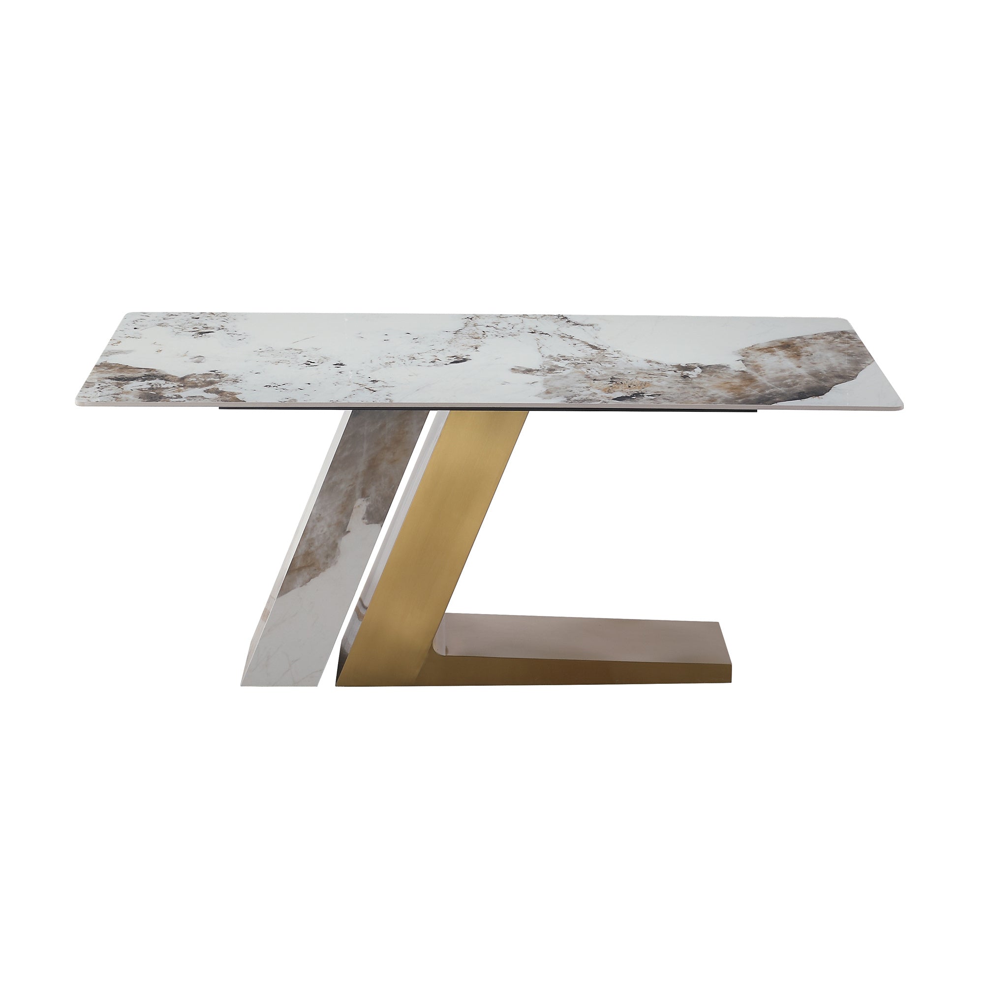 71"Modern Rectangle Dining Table for 6-8 Seat, Marble Dining Table with Sintered Stone Pandora Tabletop and L-Shape Stainless Steel & Stone Slate Base (Only Table)