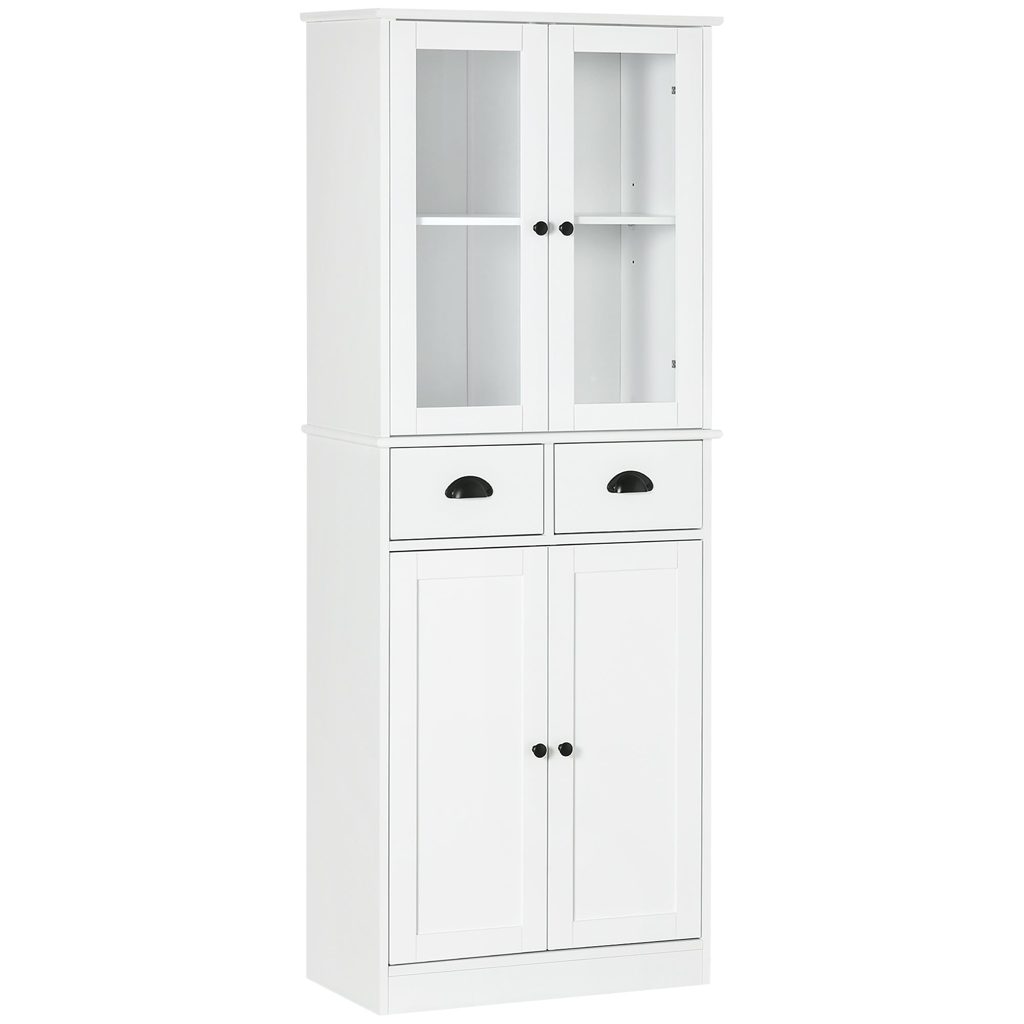 61" Freestanding Kitchen Pantry, Traditional Style Storage Cabinet with Soft Close Doors, Adjustable Shelves, and 2 Drawers, for Living Room, Dining Room, White