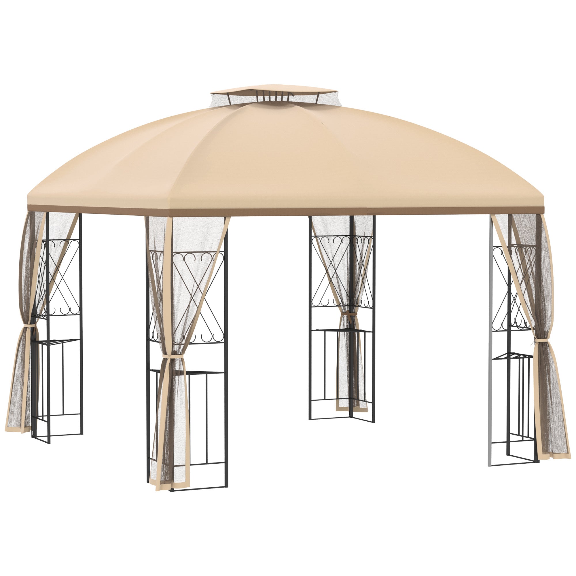 10' x 10' Patio Gazebo with Corner Shelves, Double Roof Outdoor Gazebo Canopy Shelter with Removable Mesh Netting, for Garden, Lawn, Backyard and Deck, Beige