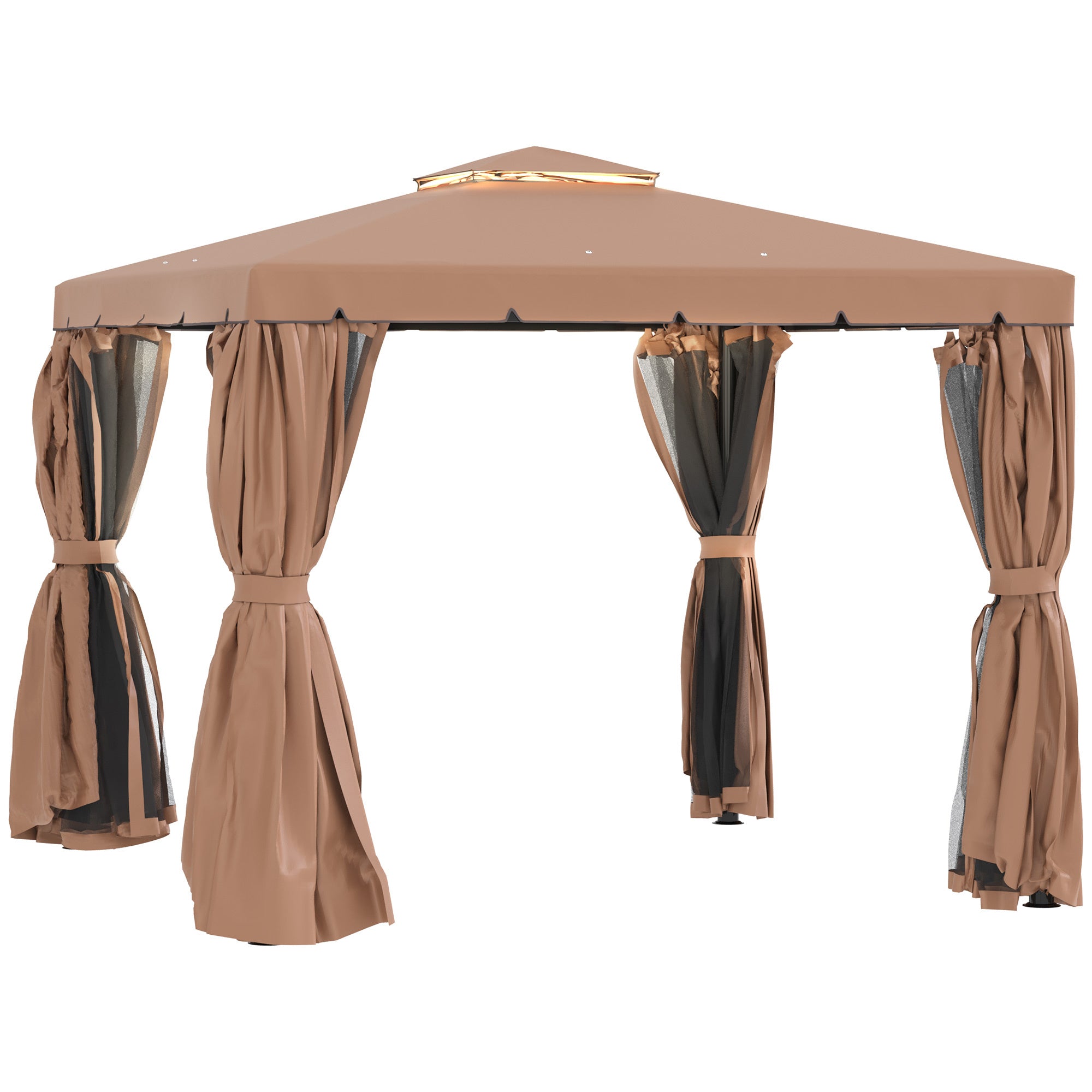 10' x 10' Patio Gazebo, Outdoor Gazebo Canopy Shelter with Double Vented Roof, Netting and Curtains, for Garden, Lawn, Backyard and Deck, Brown