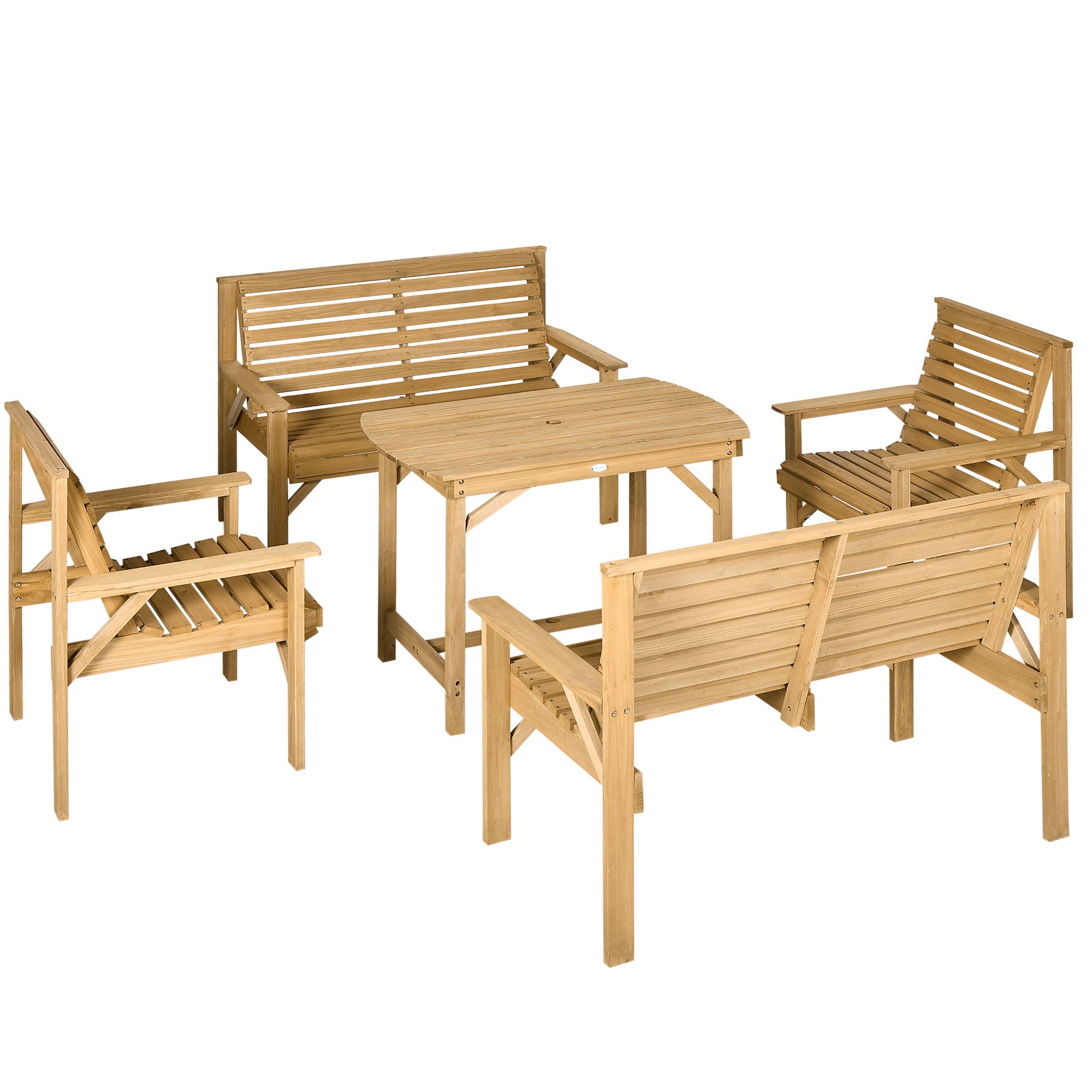 5 Piece Wooden Patio Dining Set for 6, Outdoor Conversation Set with 2 Armchairs, 2 Loveseats, and Dining Table with Umbrella Hole for Backyard, Garden, Light Brown