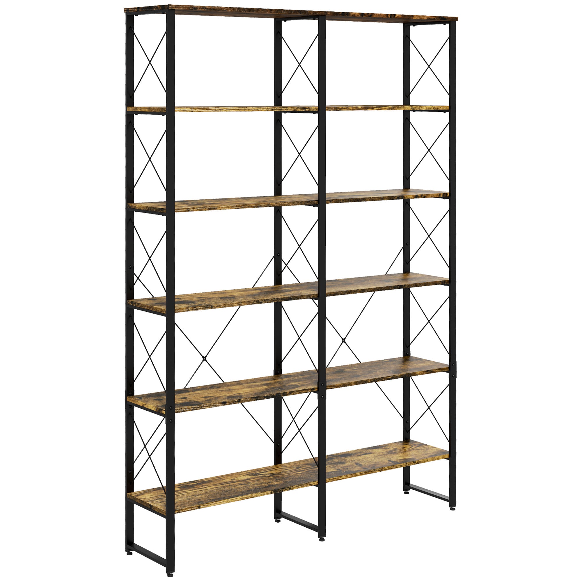 5-tier Bookshelf with Steel Frame, Bookcase with Adjustable Foot Pads for Living Room, Home Office, Rustic Brown