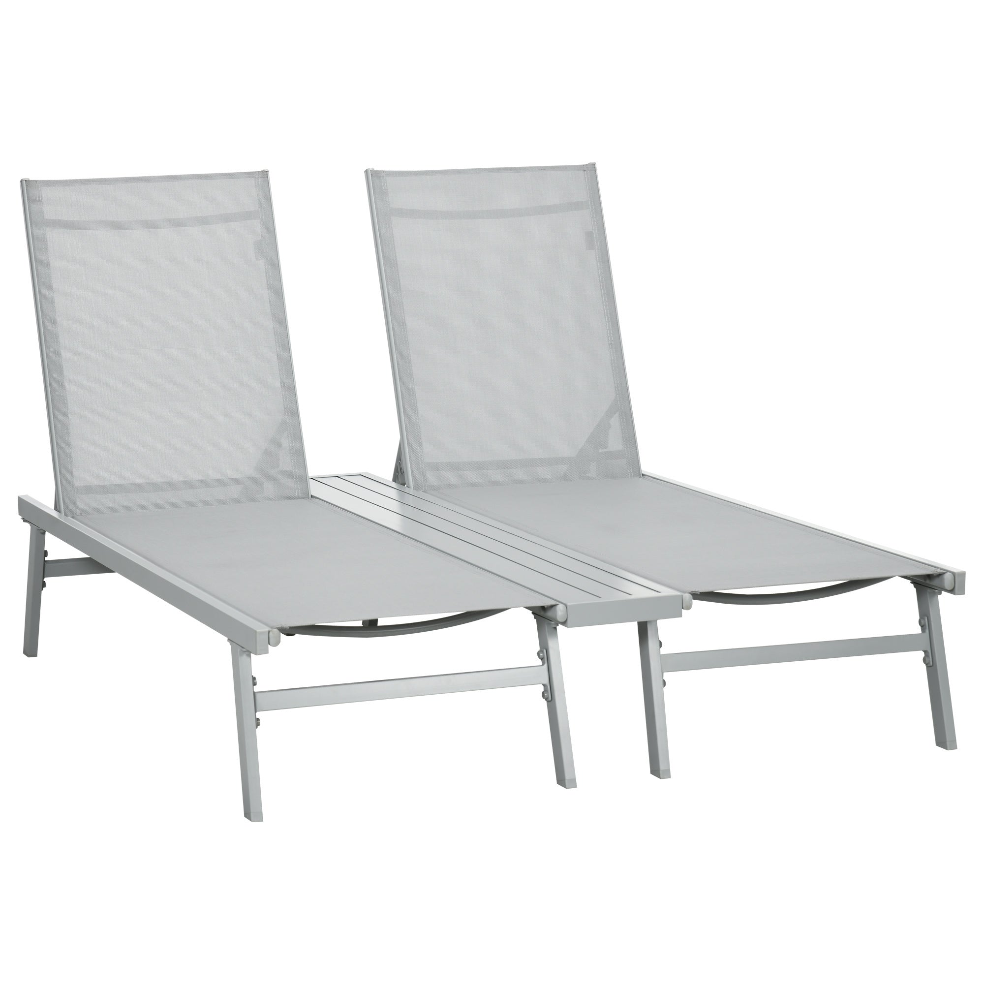 Chaise Lounge Pool Chairs Set of 2, Aluminum Outdoor Sun Tanning Chairs with Five-Position Reclining Back, Shelf & Breathable Mesh for Beach, Yard, Patio, Light Gray