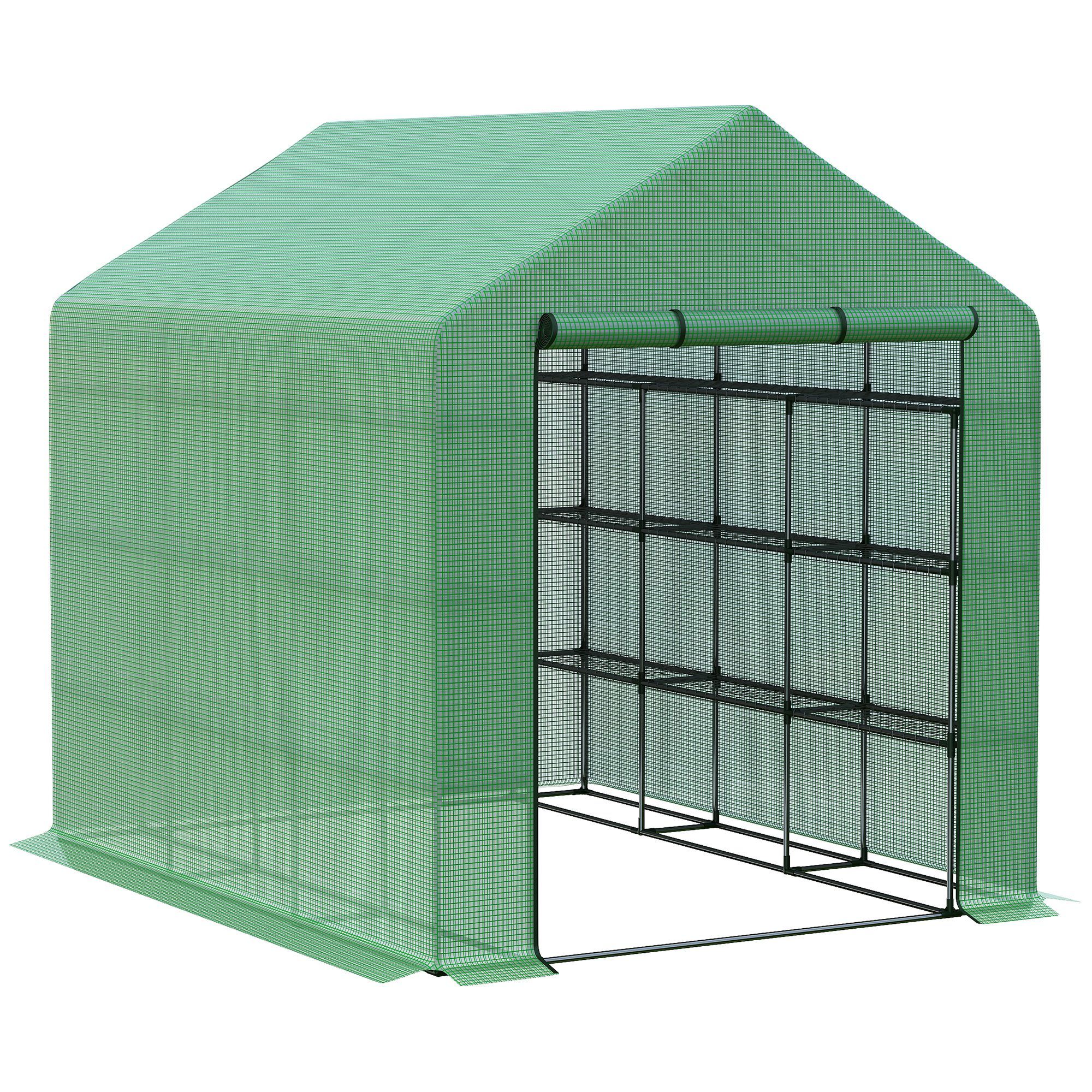 Walk-in Greenhouse for Outdoors with Roll-up Zipper Door, 18 Shelves, PE Cover, Small & Portable Build, Heavy Duty Humidity Seal, 95.25" x 70.75" x 82.75", Green