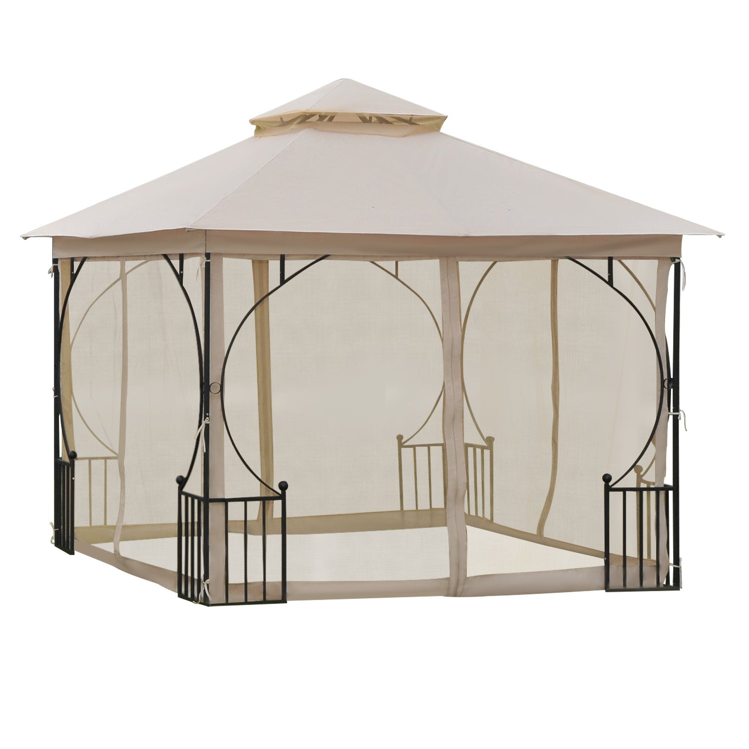 10' x 10' Patio Gazebo, Double Roof Outdoor Gazebo Canopy Shelter with Netting, Steel Corner Frame for Garden, Lawn, Backyard and Deck, Beige