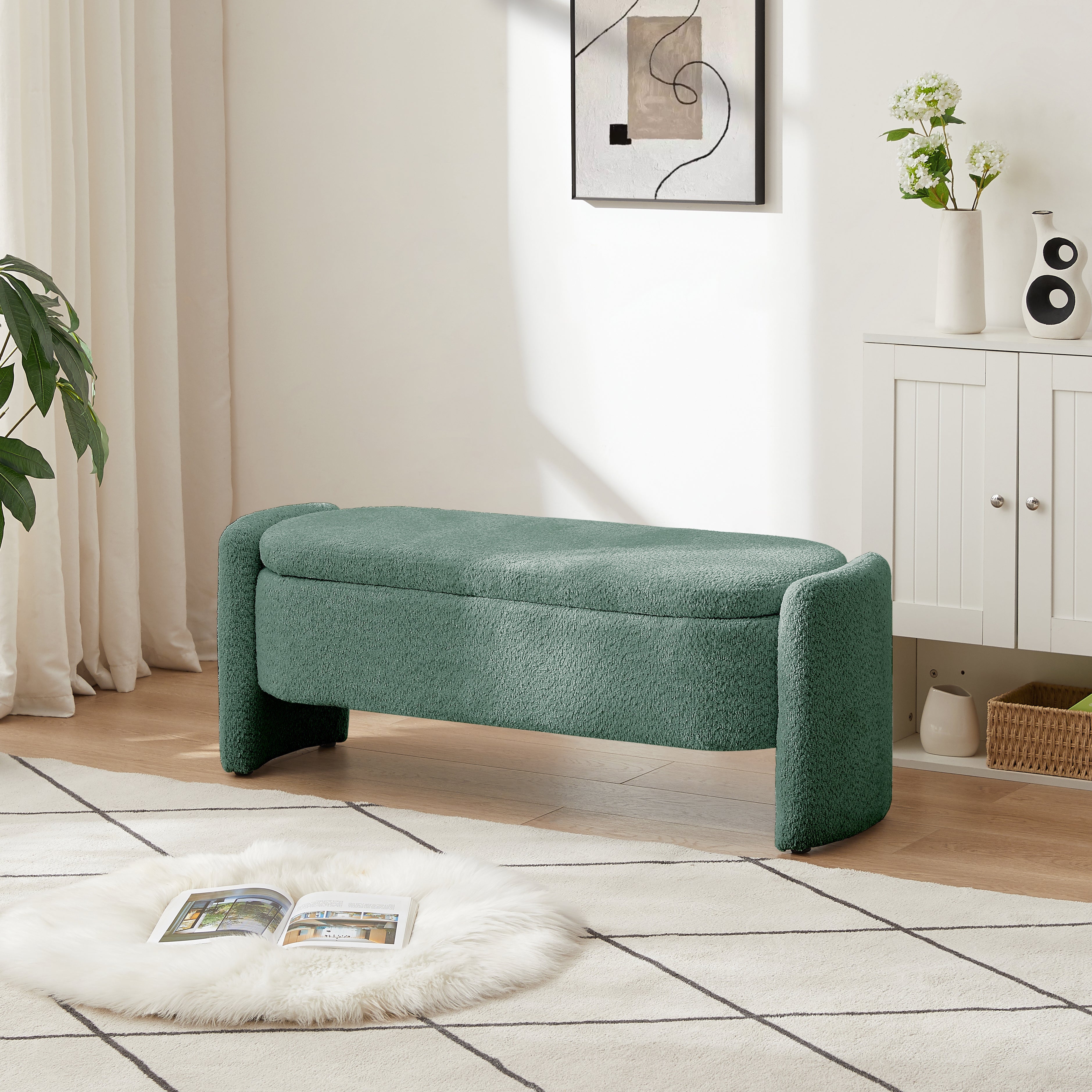 Ottoman Oval Storage Bench 3D Lamb Fleece Fabric Bench with Large Storage Space for the Living Room, Entryway and Bedroom,green