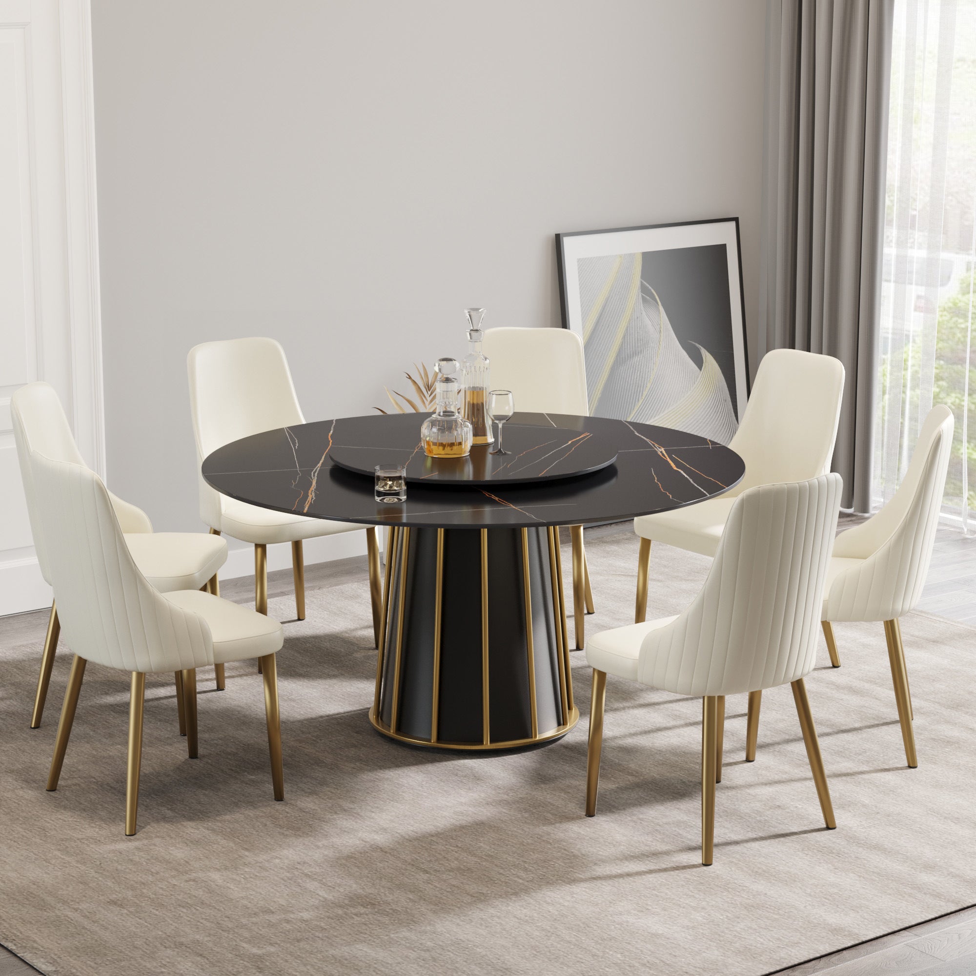 59.05"modern artificial stone round black metal iron base dining table-can accommodate 8 people-31.5"black artificial stone turntable(Not including chairs)