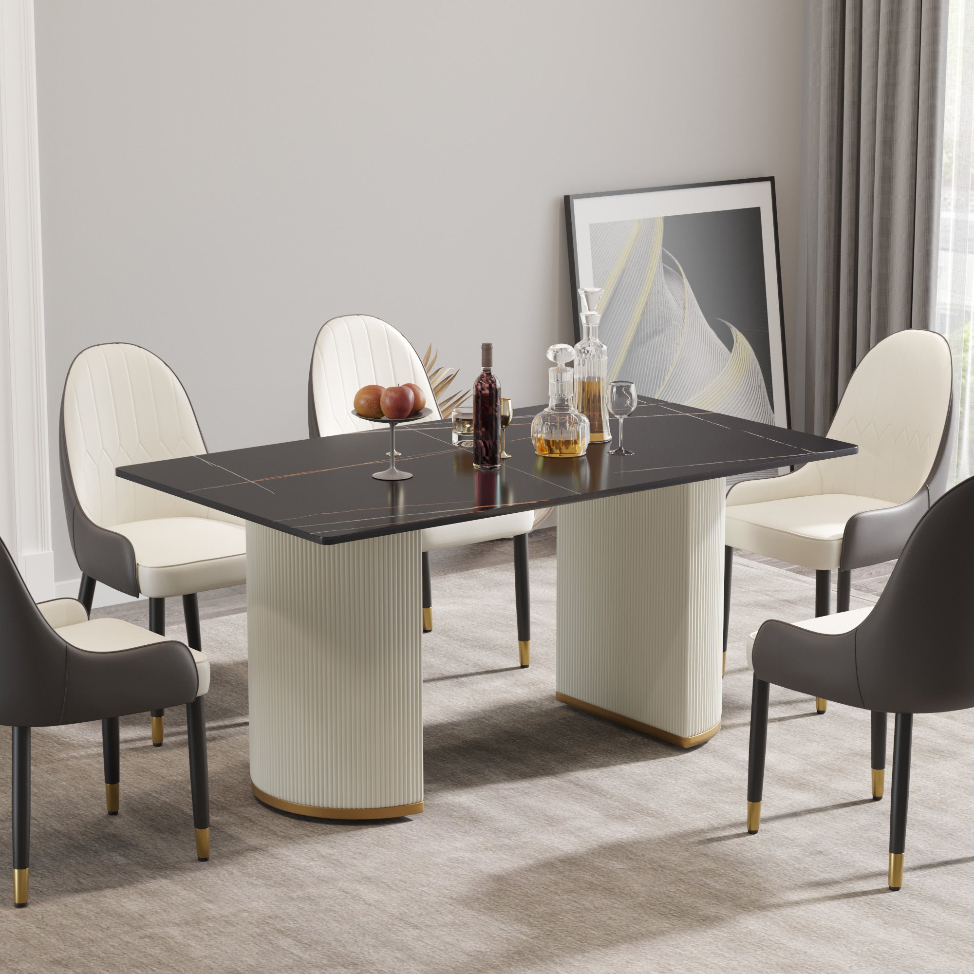 63 "modern artificial stone balck panel beige PU plywood legs-can accommodate 8 people.