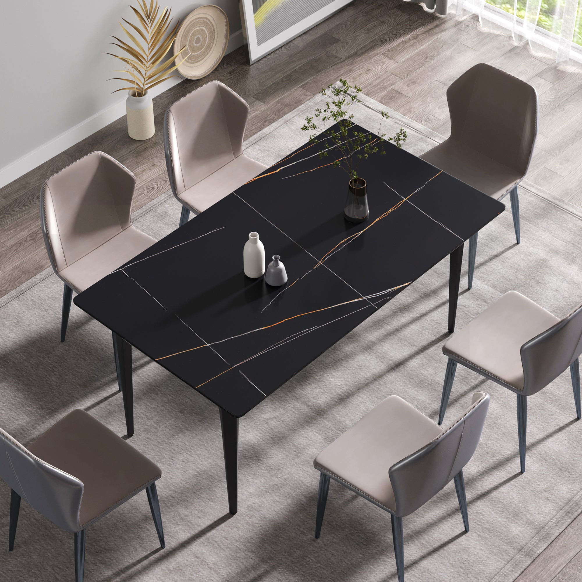 63"Modern artificial stone black straight edge black metal leg dining table -6 people