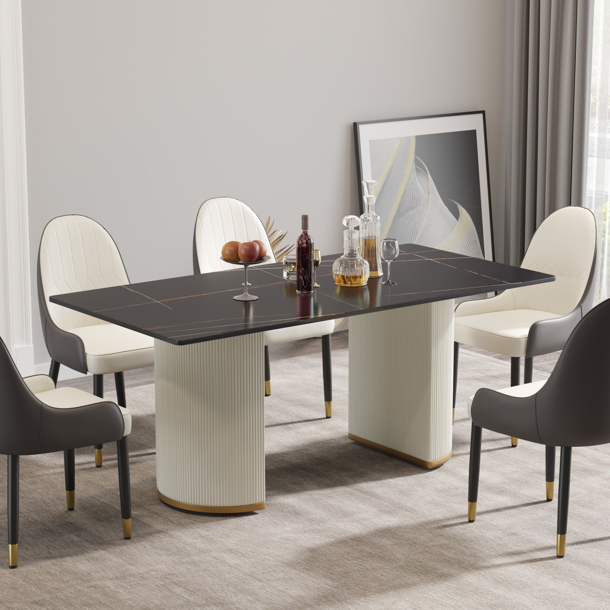 70.84 "modern artificial stone black panel beige PU plywood legs-can accommodate 6-8 people.