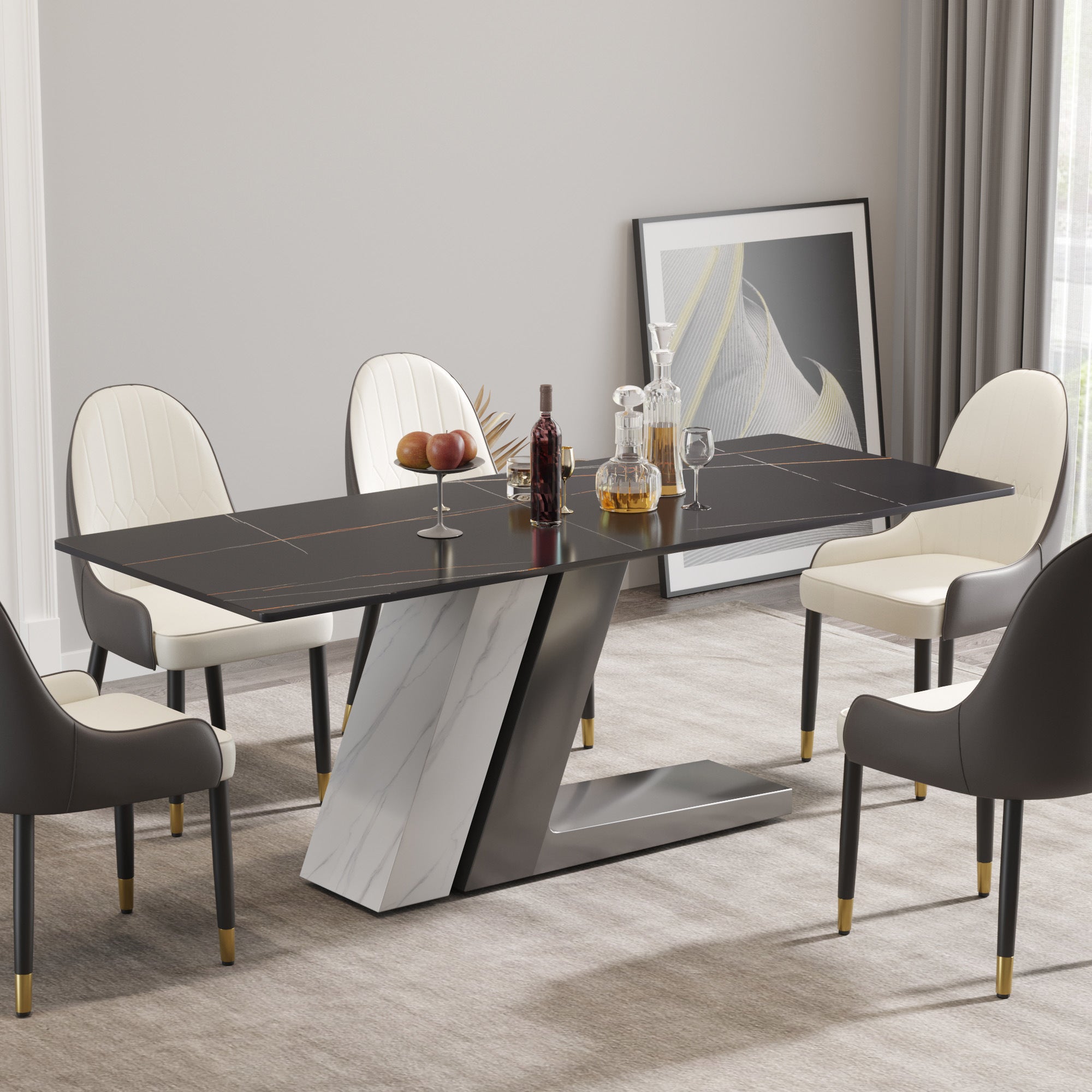 78.74"modern artificial stone black straight panel, gray+white metal legs-can accommodate 8 people.(Not including chairs)