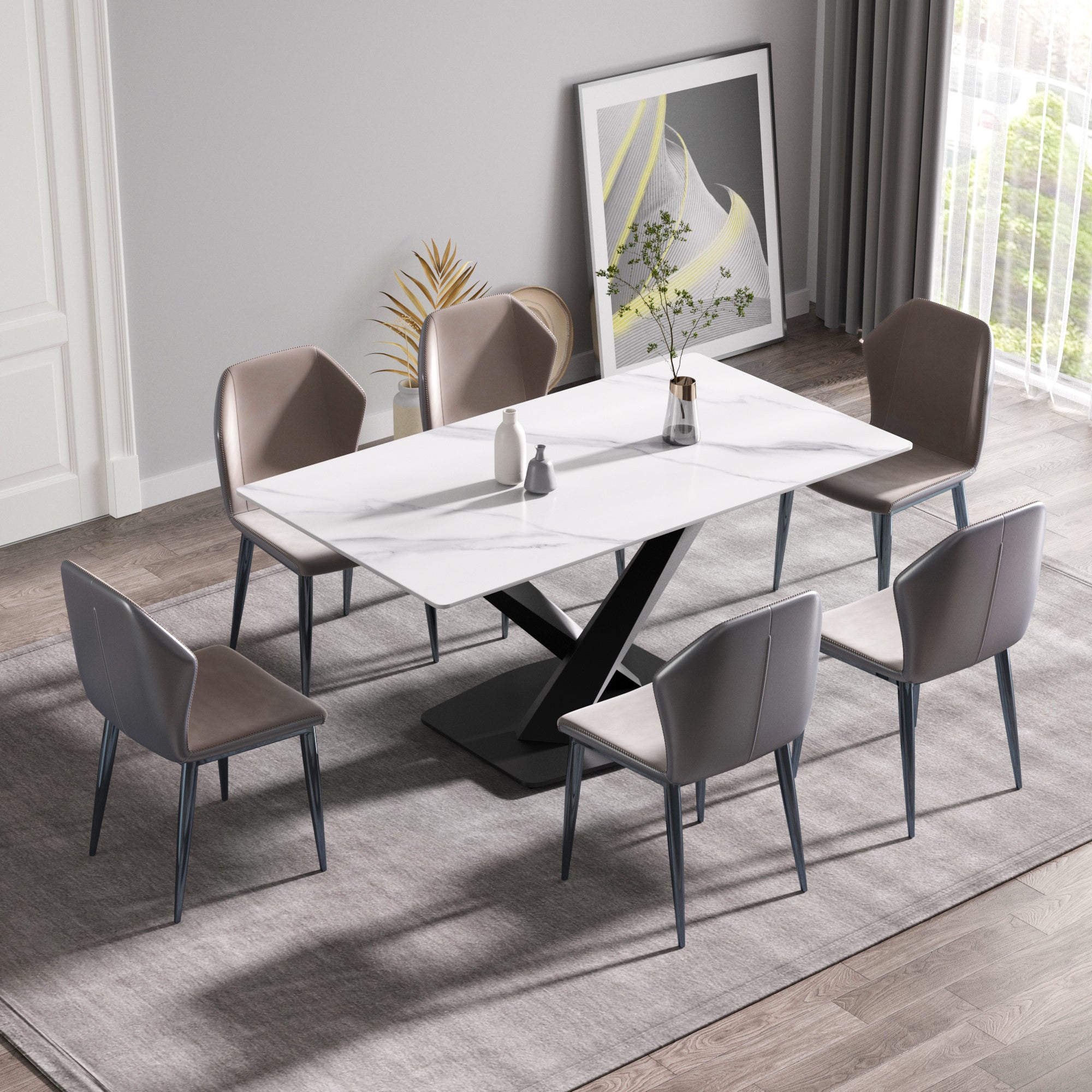 63-inch modern artificial stone white straight edge black metal X-leg dining table -6 people