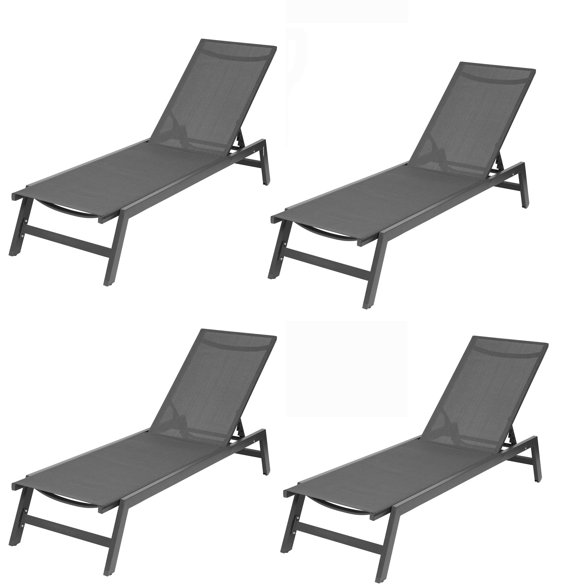 Outdoor 4-Pcs Set Chaise Lounge Chairs,Five-Position Adjustable Aluminum Recliner,All Weather for Patio,Beach,Yard,Pool ( Gray Frame/ Gray fabric)