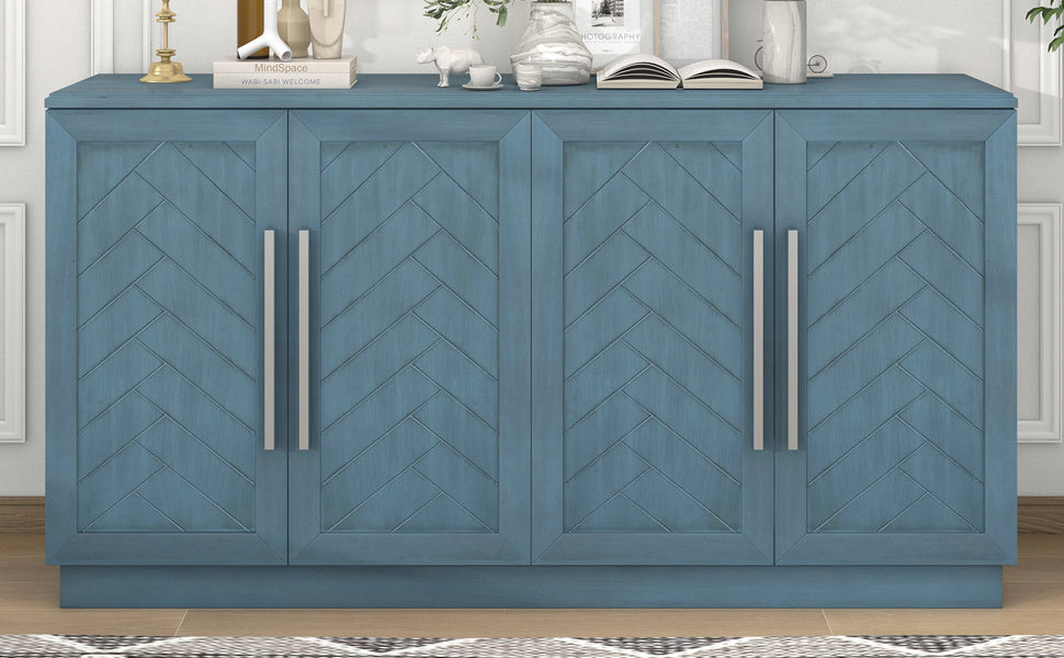 TREXM Sideboard with 4 Doors Large Storage Space Buffet Cabinet with Adjustable Shelves and Silver Handles for Kitchen, Dining Room, Living Room (Antique Blue)