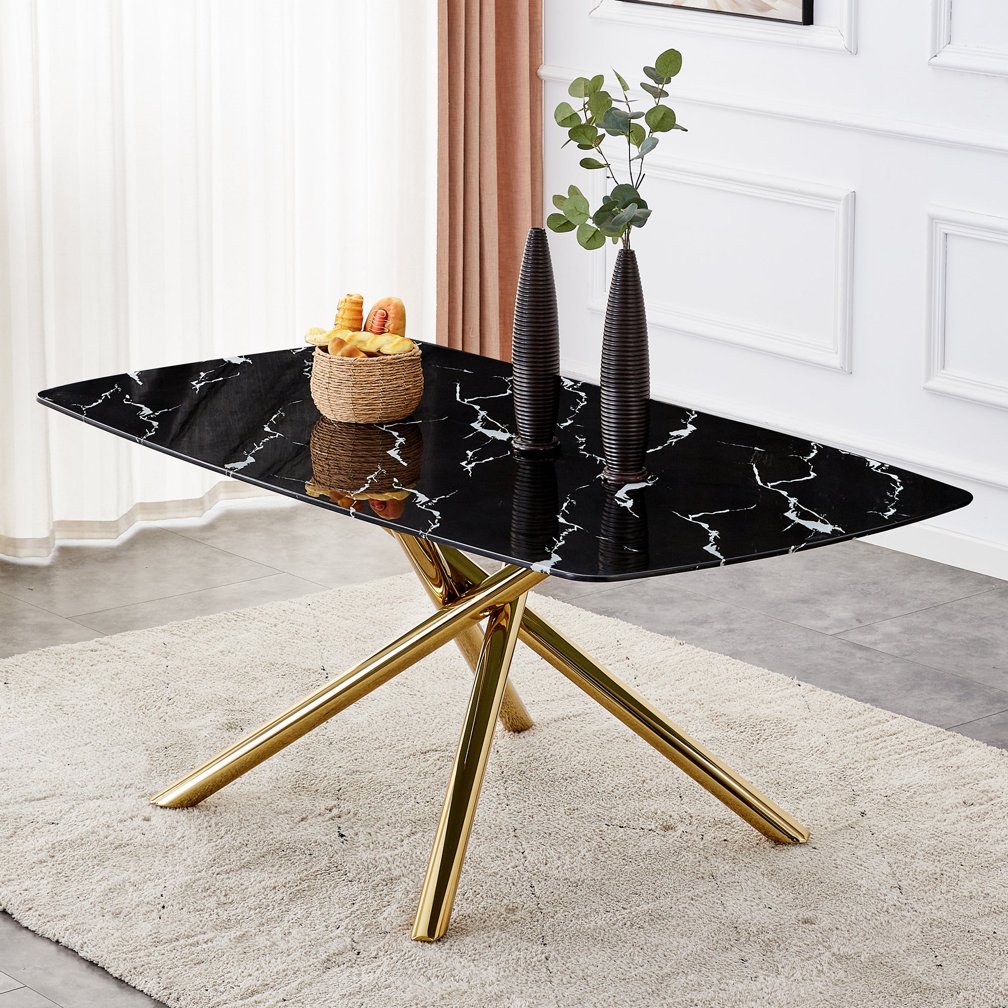 Large Modern Minimalist Rectangular Glass Dining Table 0.39" Fibertempering glass Imitation marble black desktop and Golden Metal Legs, for Kitchen Dining Living Meeting Room Banquet hall