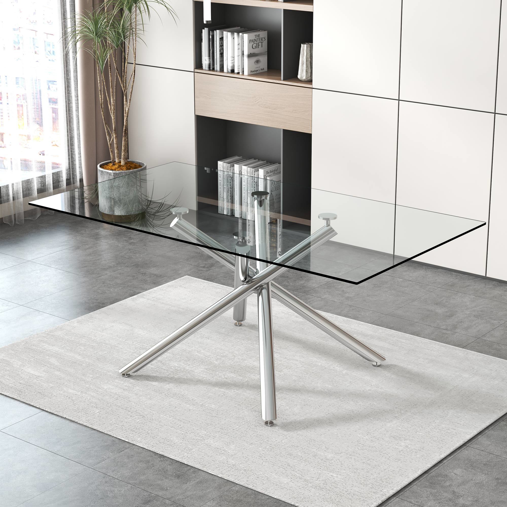 Large Modern Minimalist Rectangular Glass Dining Table for 6-8 with 0.39" Tempered Glass Tabletop and Silver Chrome Metal Legs, for Kitchen Dining Living Meeting Room Banquet hall, 71''x39''x29''1537