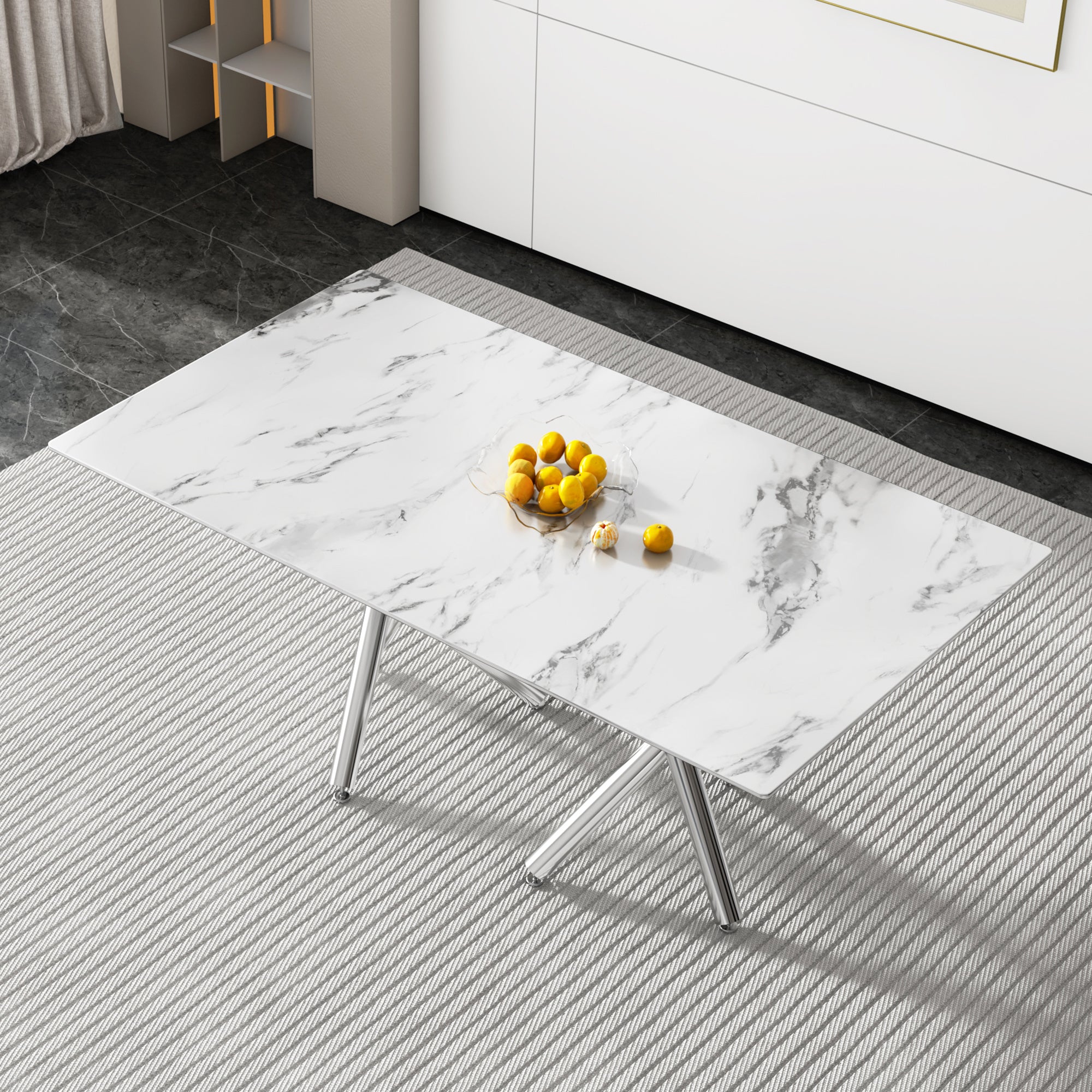 Large Modern Simple Rectangular Glass Dining Table for 6-8 People with 0.39 Inch Imitation Marble Tempered Glass Top and Silver Metal Legs for Kitchen Dining Living Room Meeting Room Banquet Hall