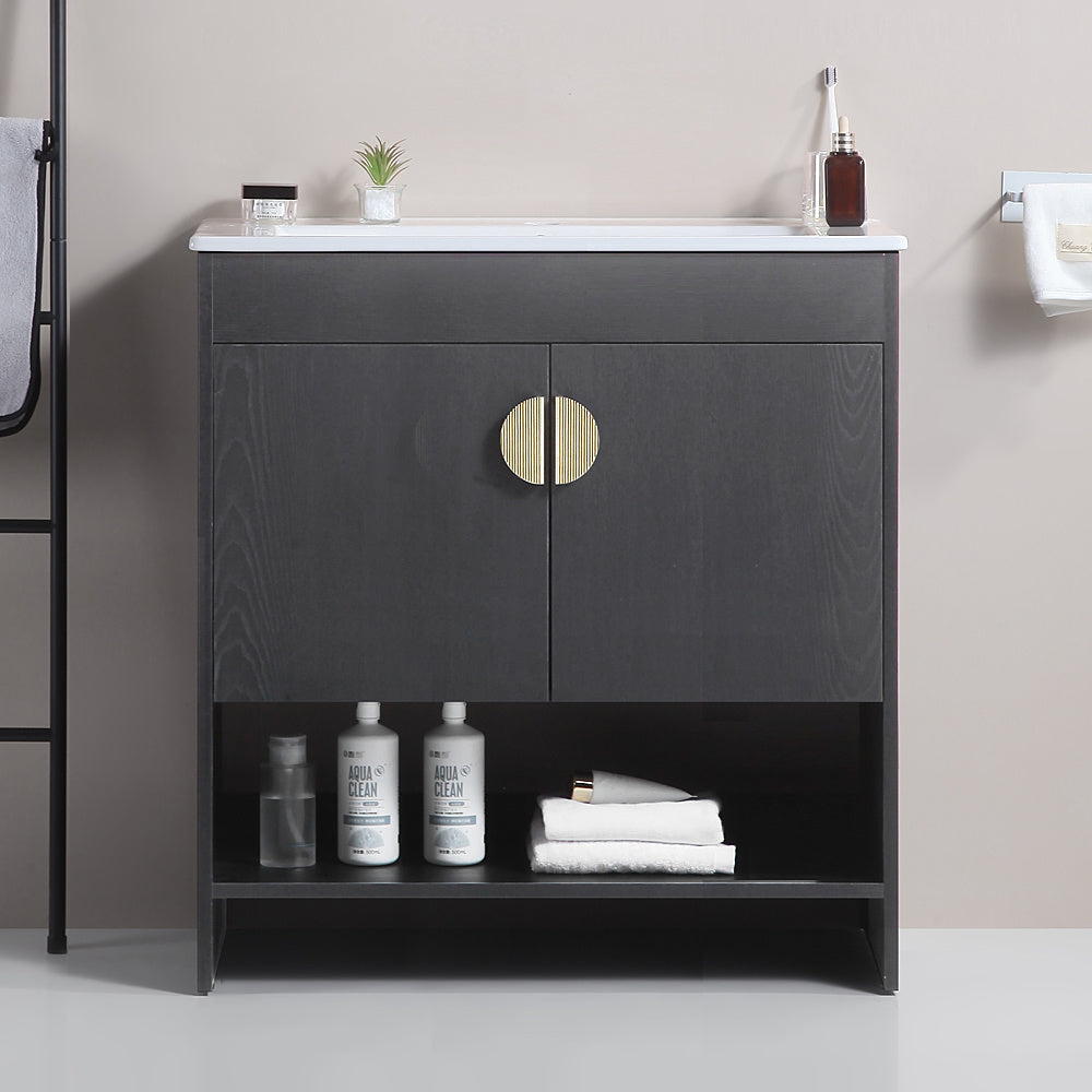 30" Bathroom Vanity,with White Ceramic Basin,Two Cabinet Doors with black zinc alloy handles,Solid Wood,Excluding faucets,Black