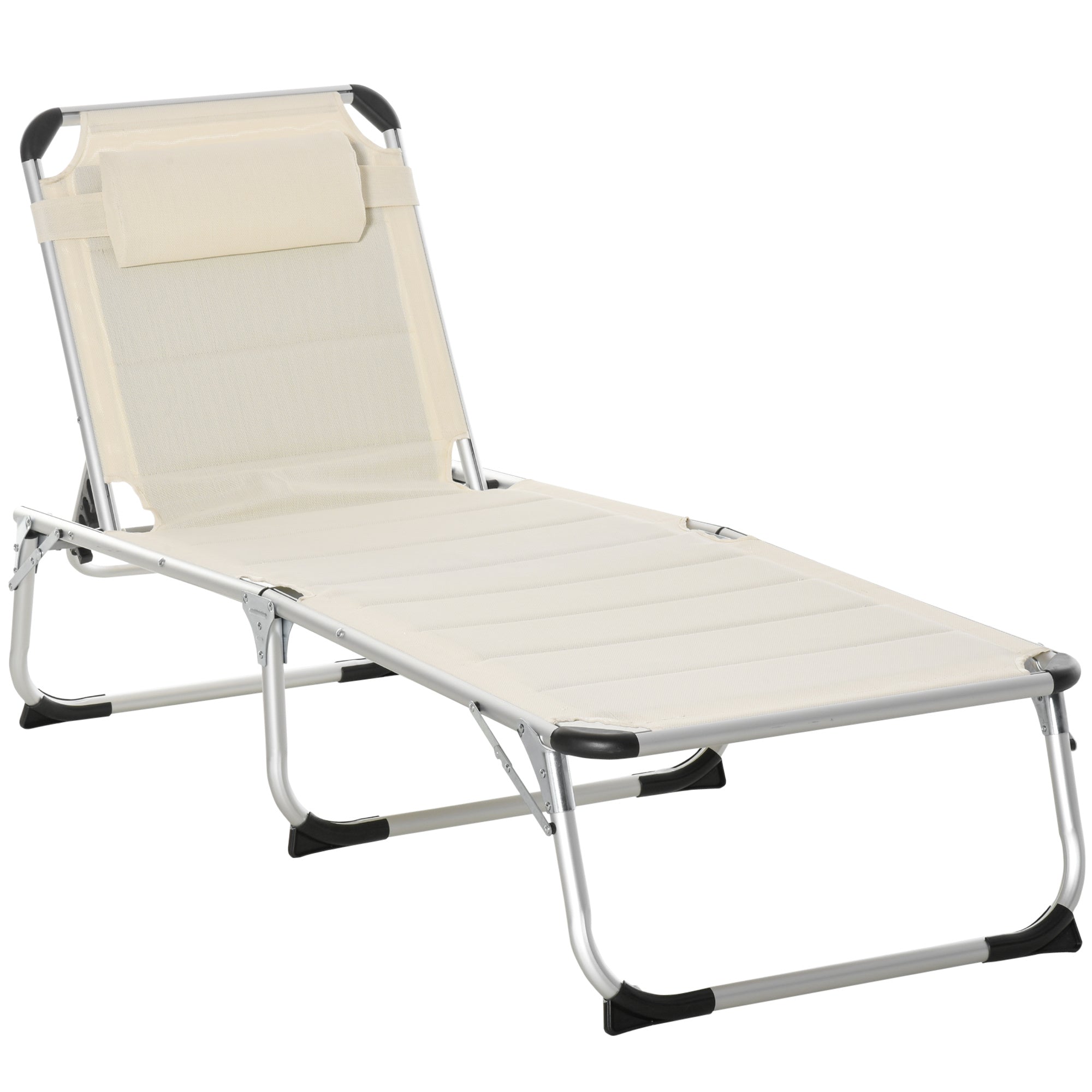 Foldable Outdoor Chaise Lounge Chair, 5-Level Reclining Camping Tanning Chair with Aluminum Frame, Padding, and Headrest for Beach, Yard, Patio, Pool, White