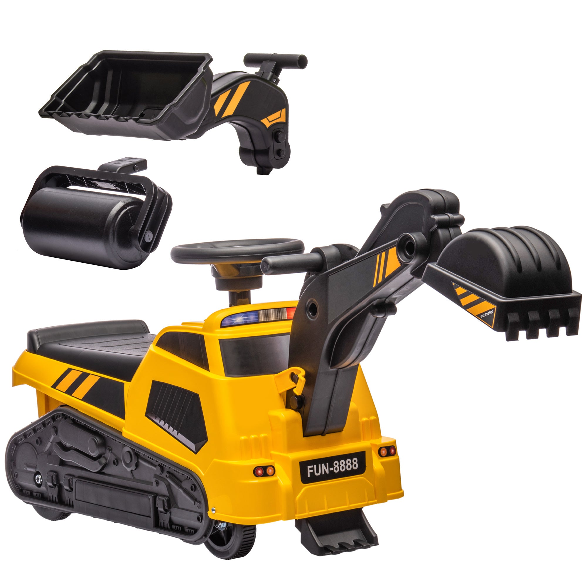 3 in 1 Ride on Excavator Bulldozer Road Roller, No Power Ride on Construction Pretend Play with Music, for 18-48 Months, Yellow