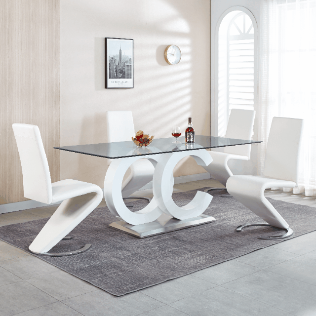 Tempered Glass Dining Table with Black MDF Middle Support and Stainless Steel Base for Modern Design