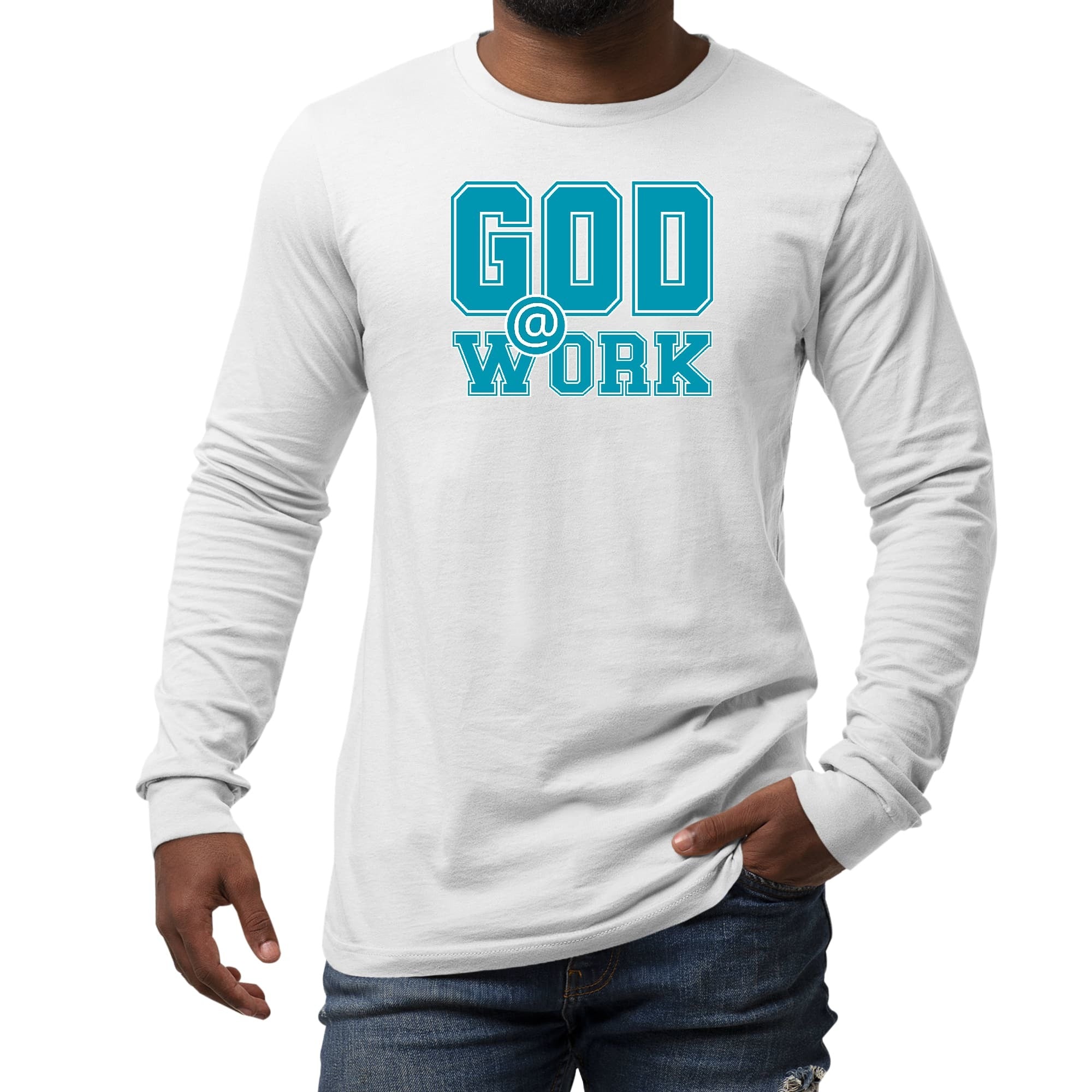Long Sleeve Graphic T-shirt, God @ Work Blue Green And White Print