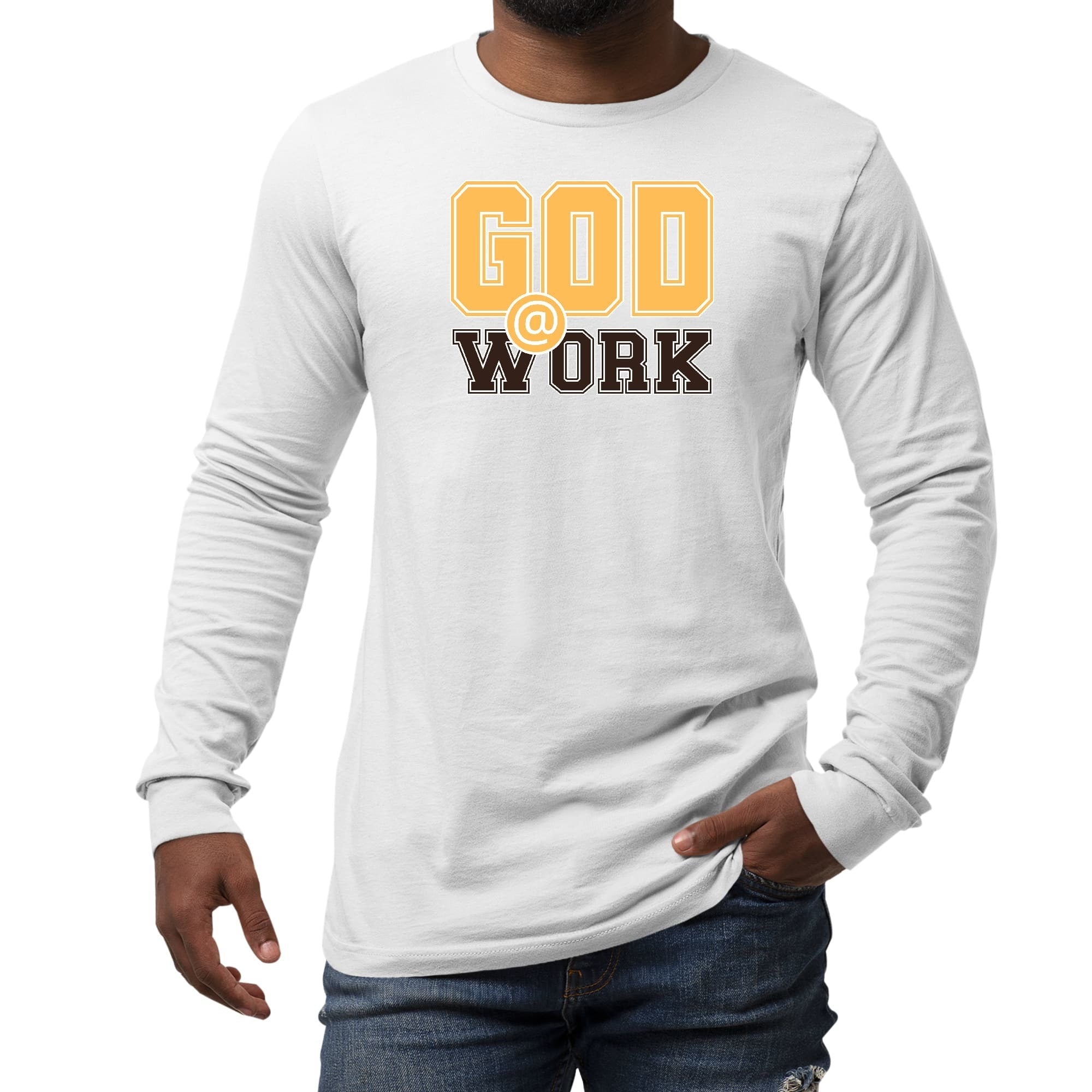 Long Sleeve Graphic T-shirt, God @ Work Golden Yellow And Brown Print
