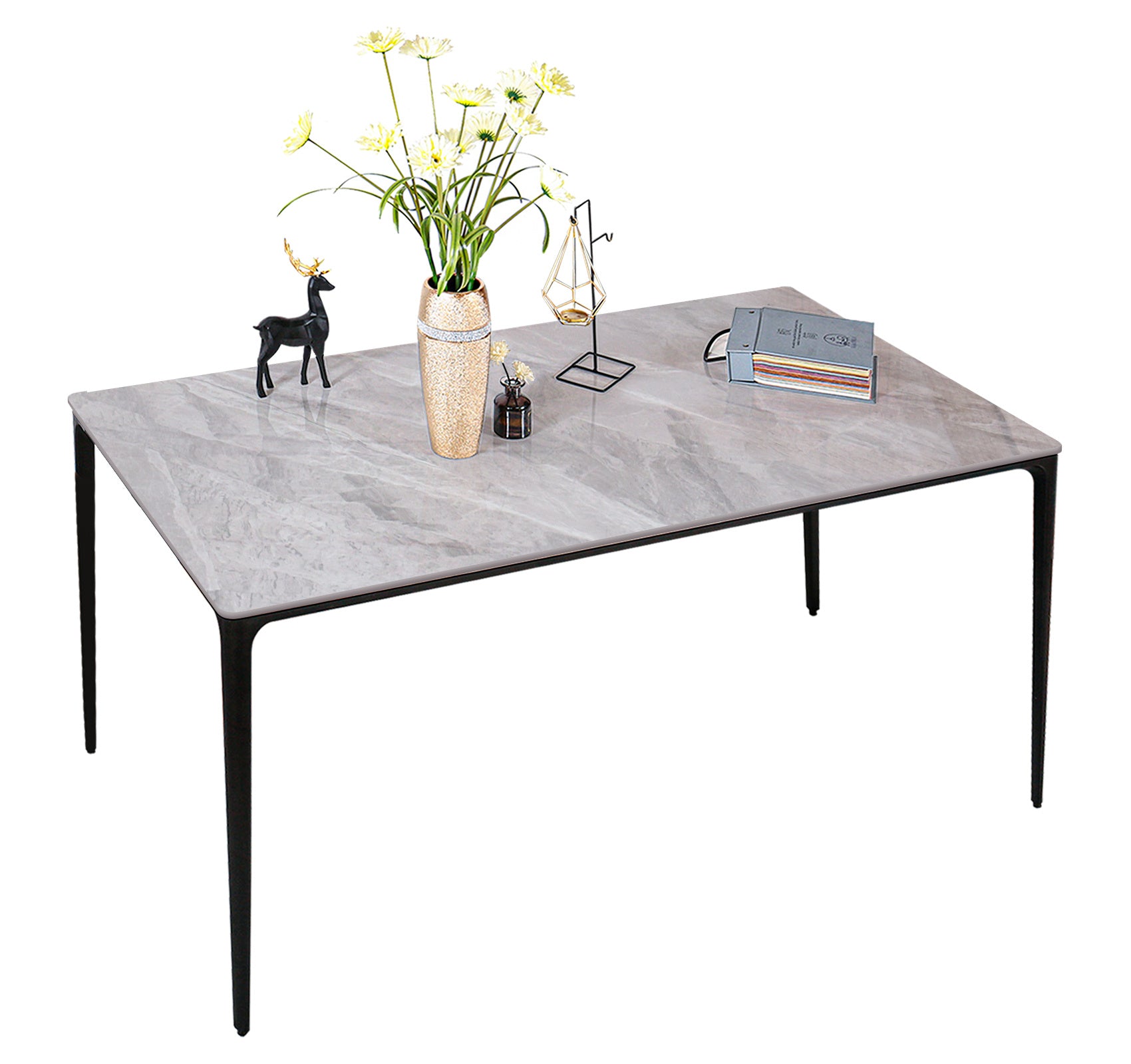 Dining Table Sintered Stone Marble Dining Table Porcelain Table top Sturdy legs Aluminium Alloy legs Table for Dining Room, Kitchen Room, Living Room, 63 inch Table for 6 persons, Grey Table Only