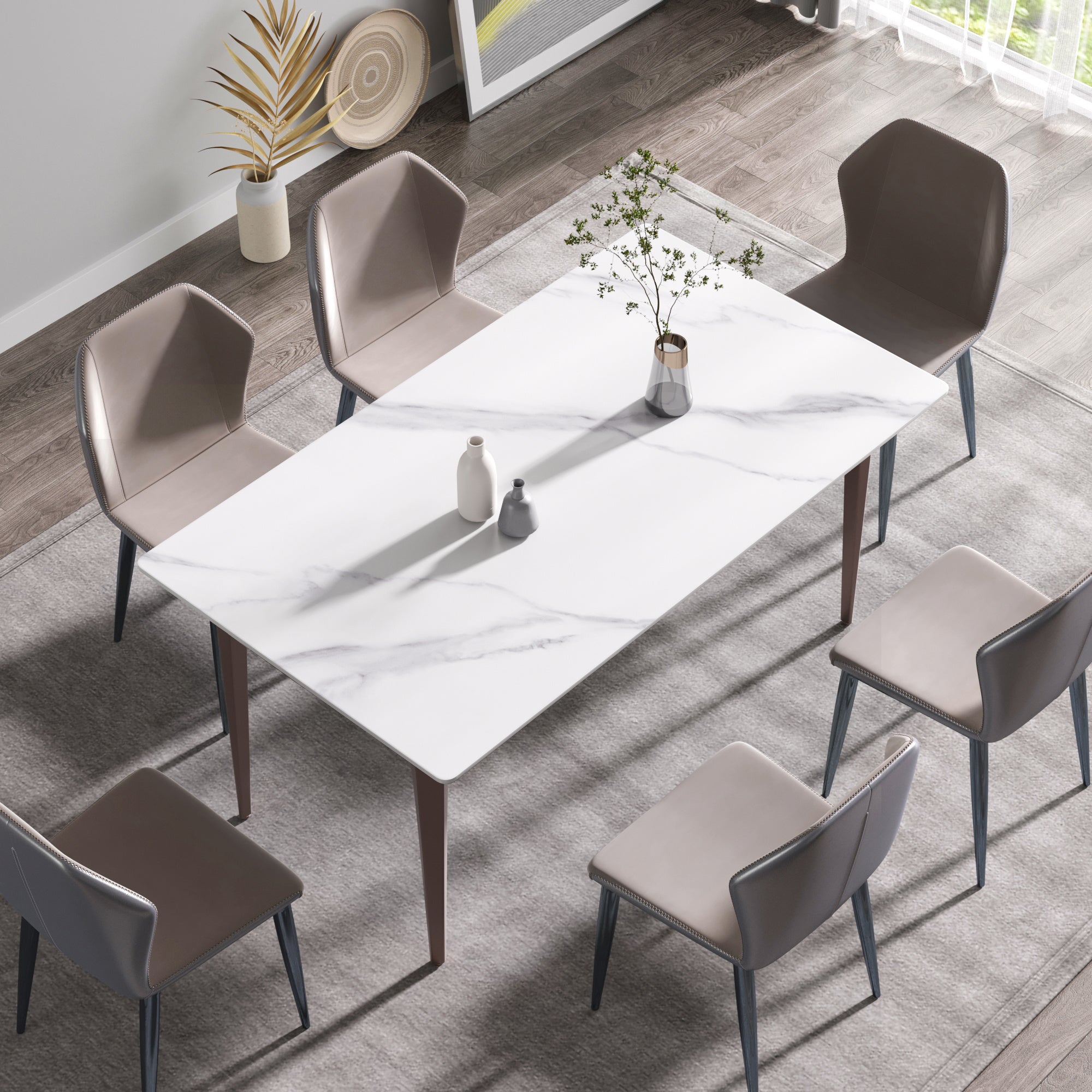 63"Modern artificial stone white straight edge metal leg dining table -6 people