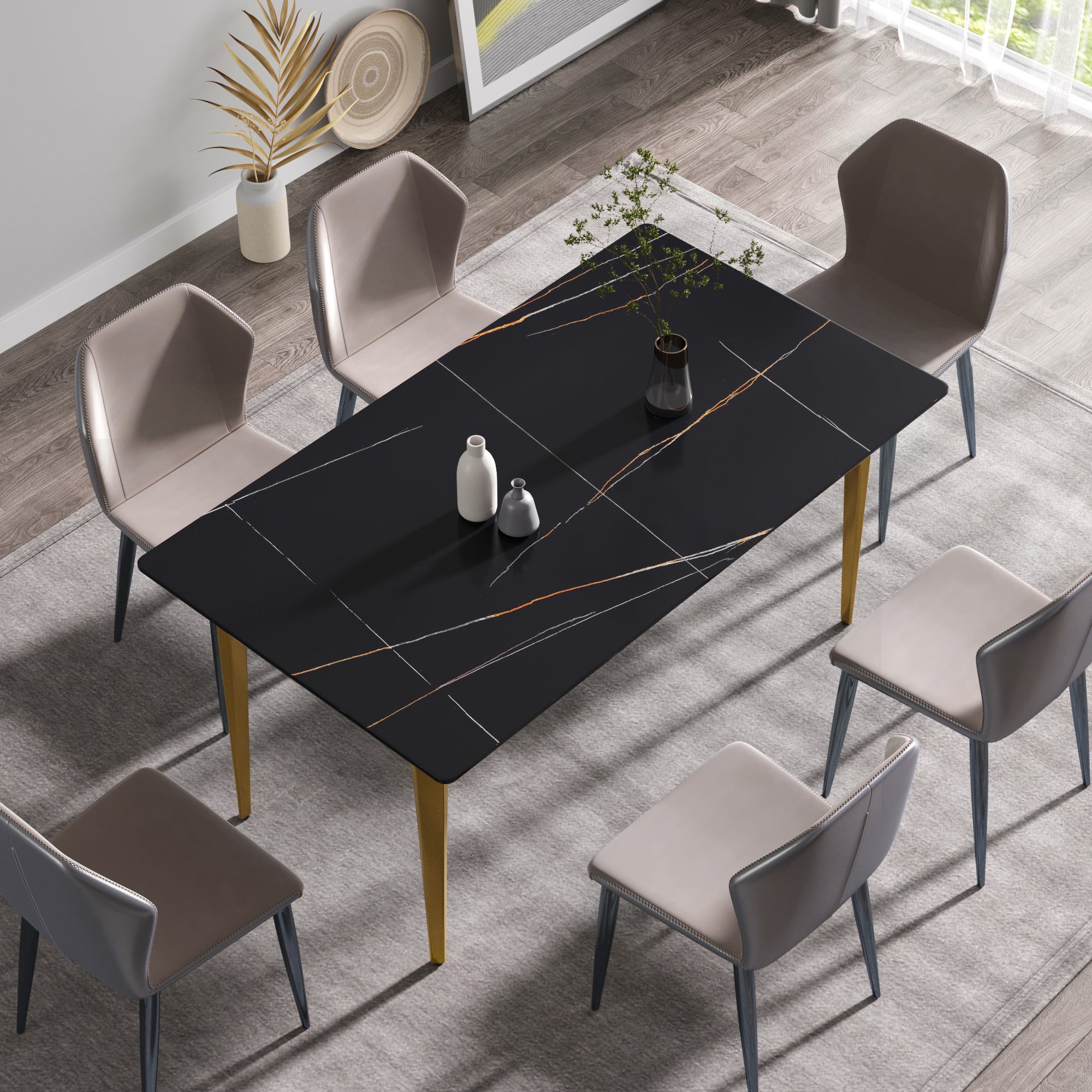 63"Modern artificial stone black straight edge golden metal leg dining table -6 people