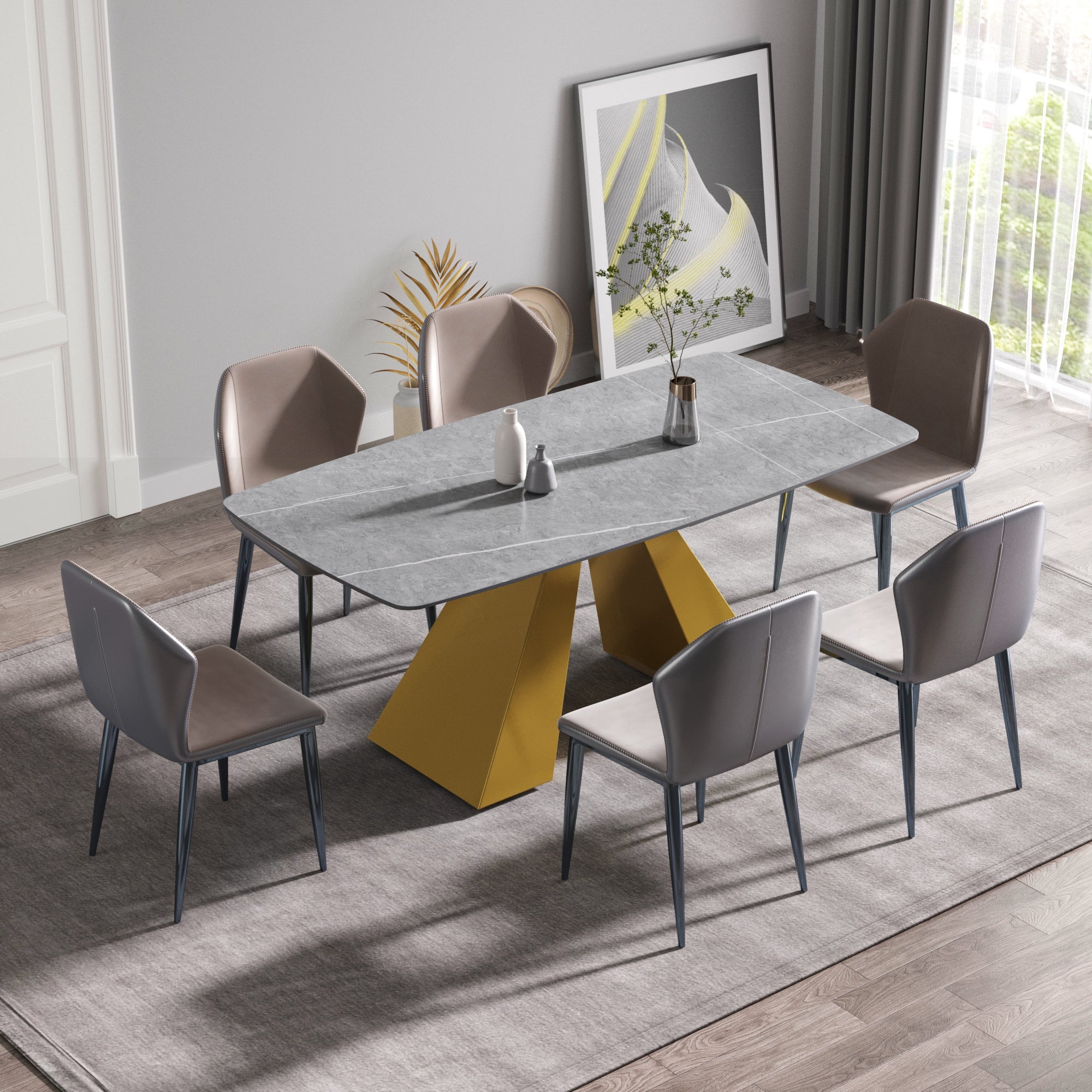 70.87"Modern artificial stone gray curved golden metal leg dining table-can accommodate 6-8 people