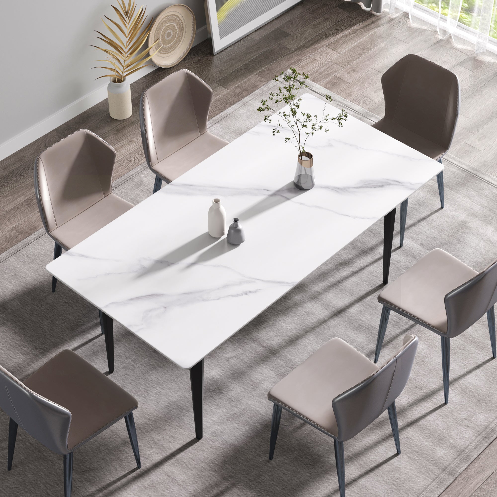 70.87" modern artificial stone white straight edge black metal leg dining table-can accommodate 6-8 people