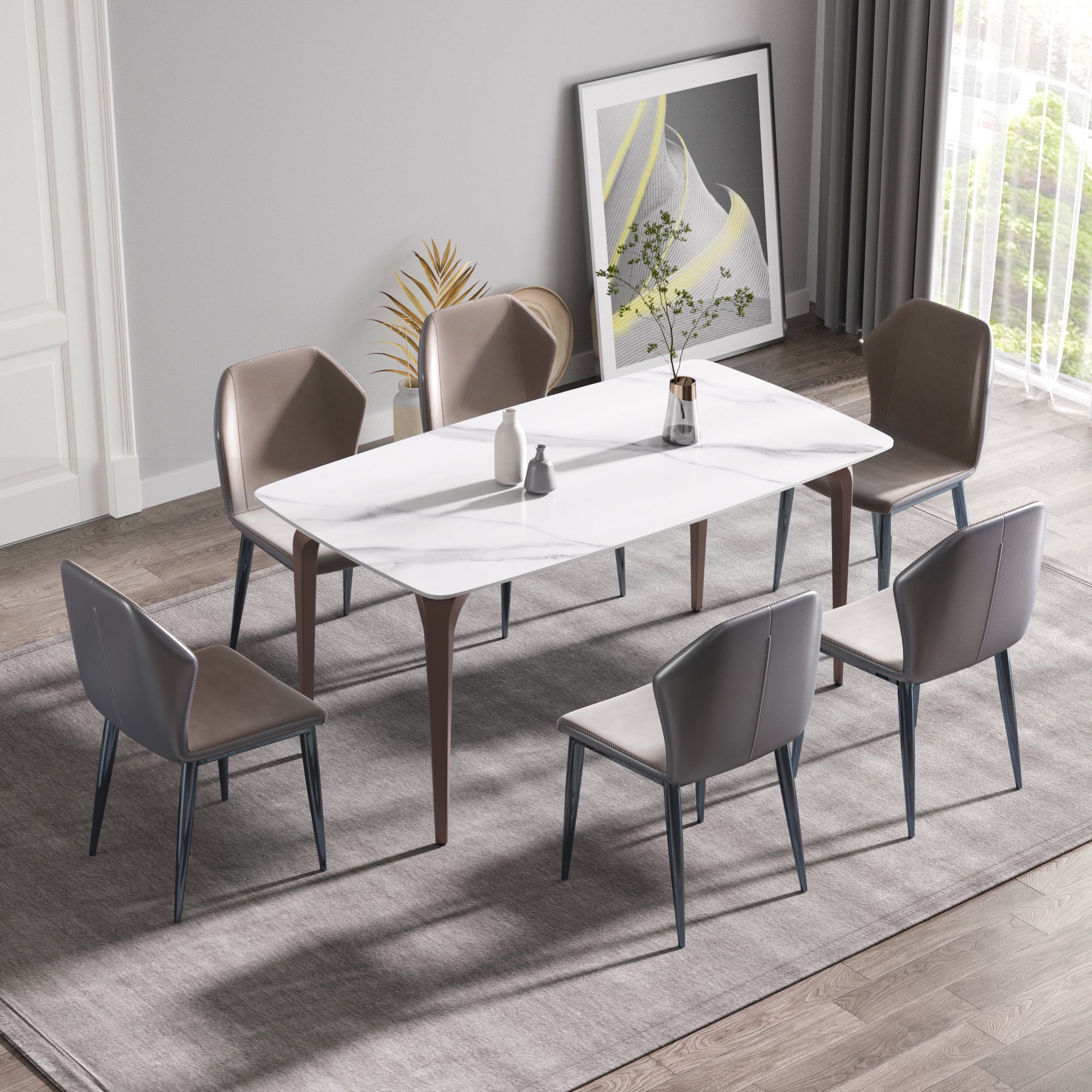 63"Modern artificial stone white curved metal leg dining table -6 people
