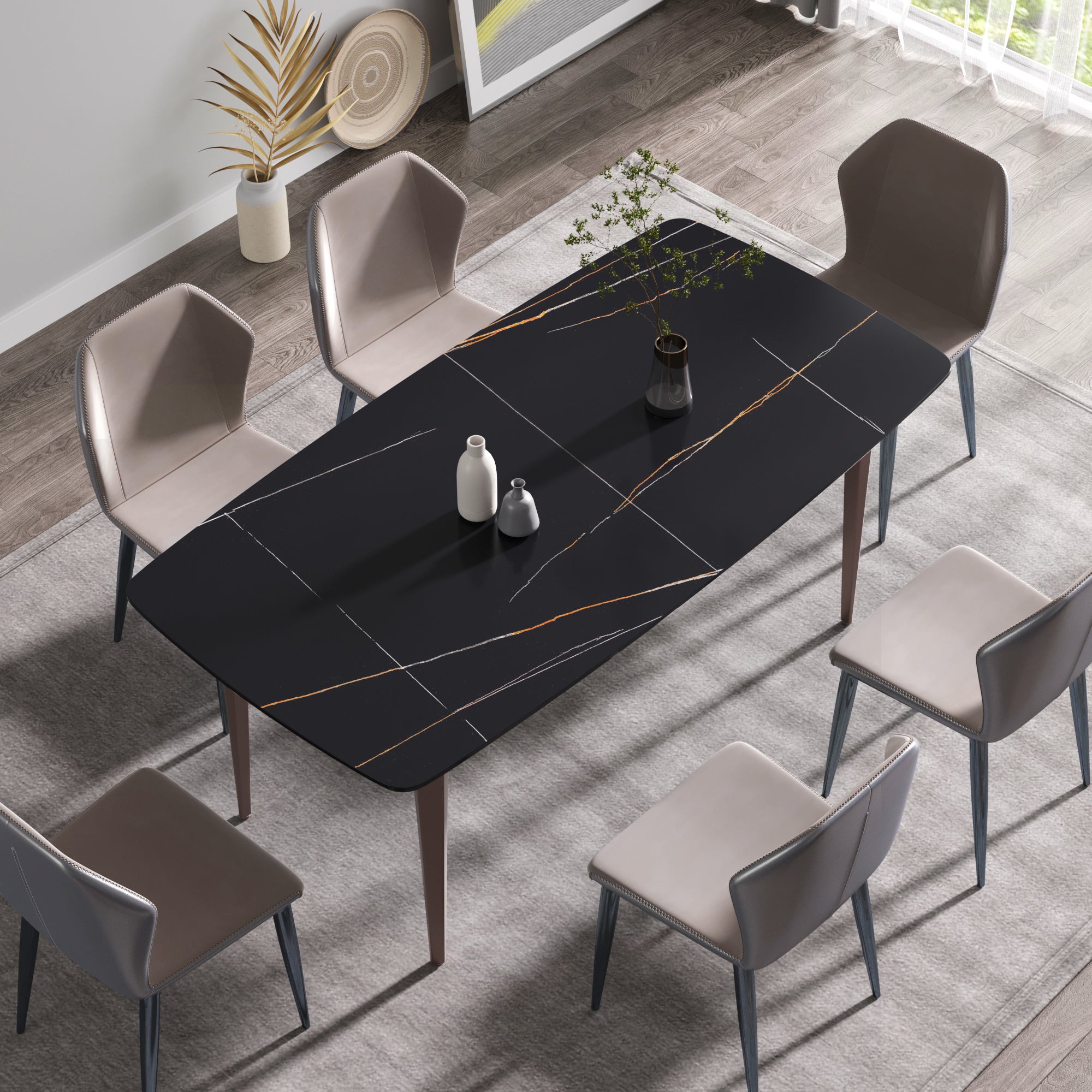 70.87"Modern artificial stone black curved metal leg dining table-can accommodate 6-8 people