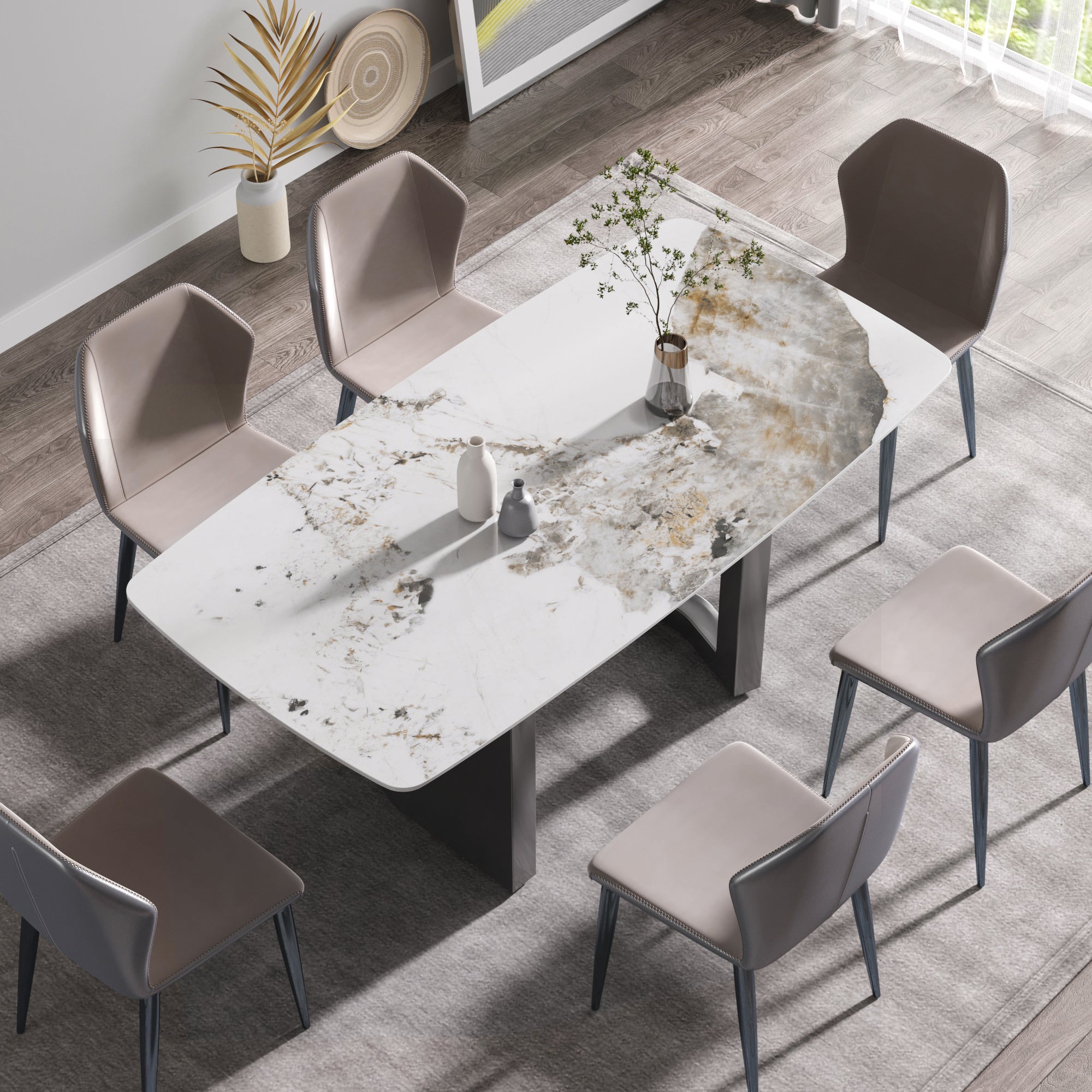 70.87"Modern artificial stone Pandora white curved black metal leg dining table-can accommodate 6-8 people