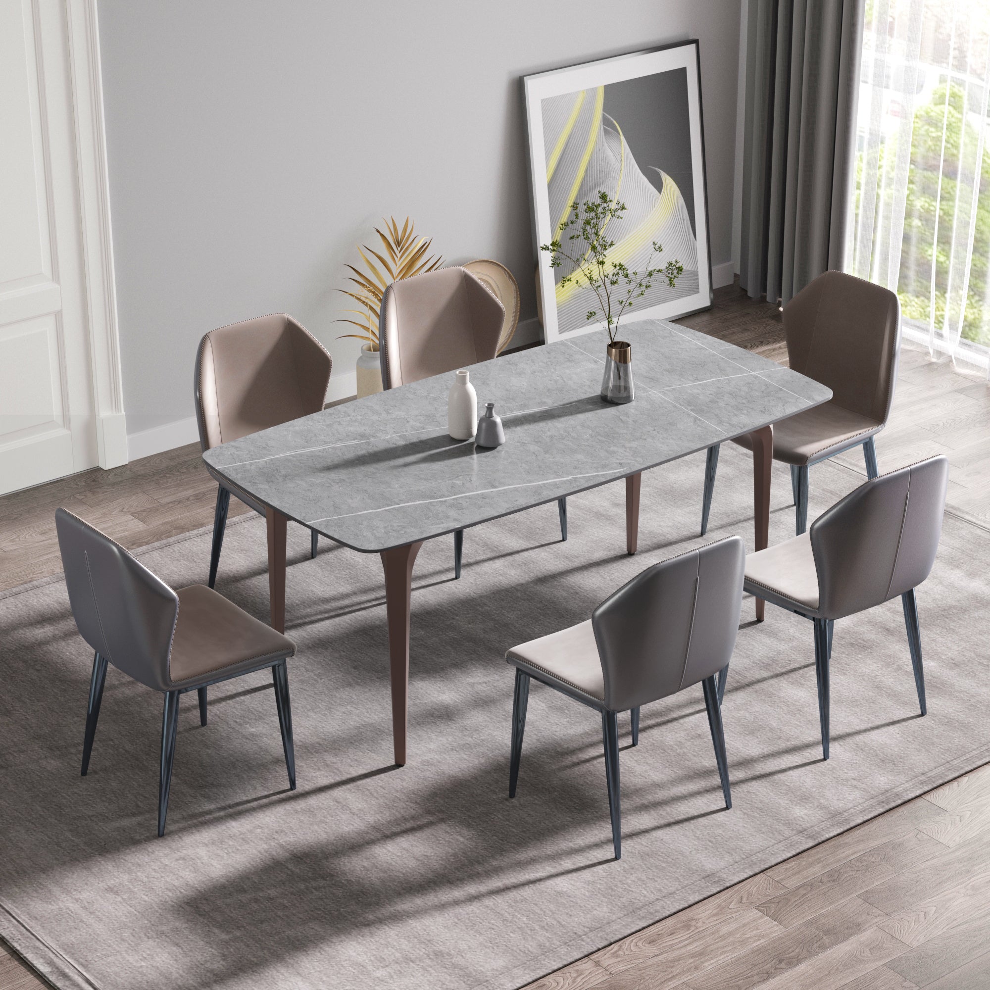 70.87"Modern artificial stone gray curved metal leg dining table-can accommodate 6-8 people