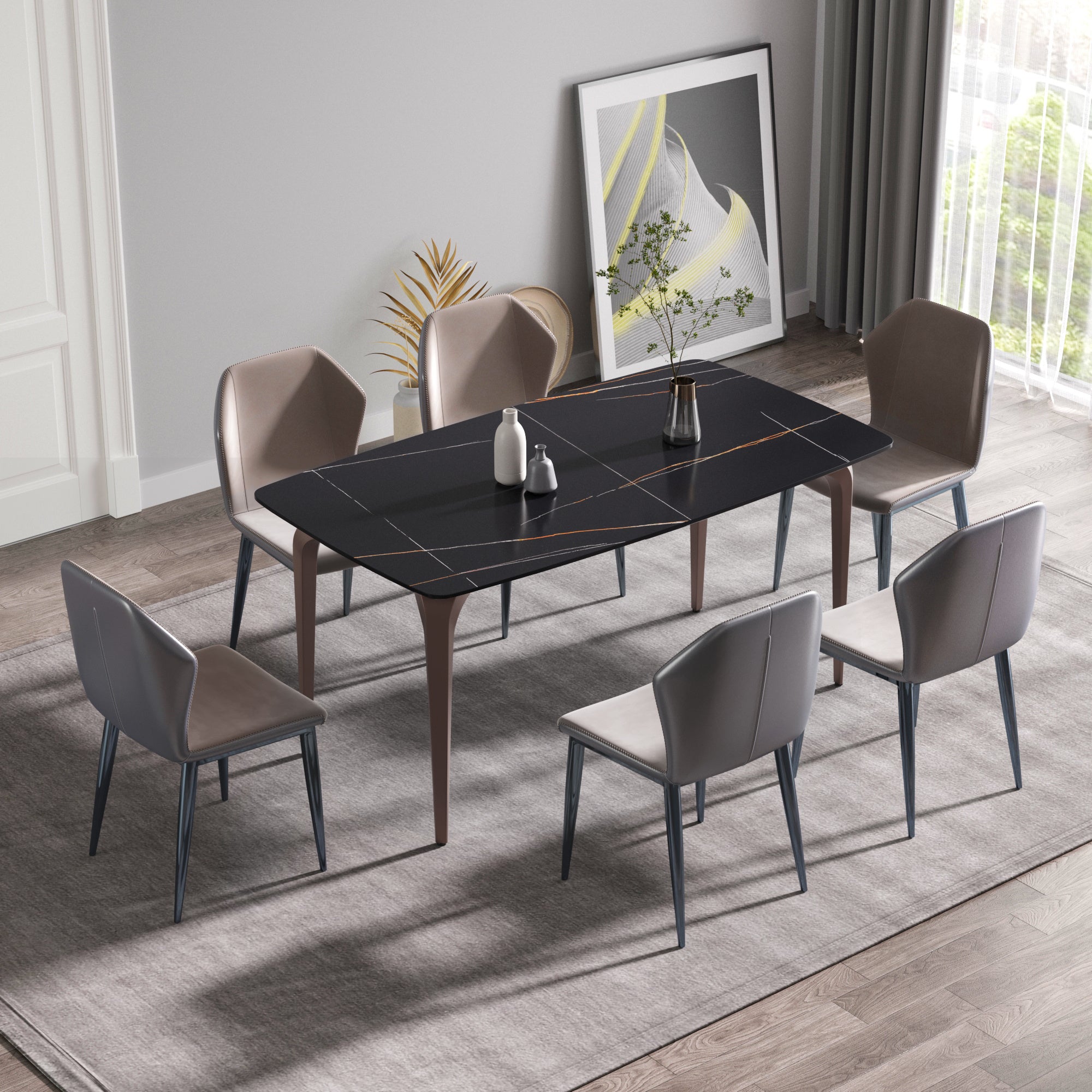 63"Modern artificial stone black curved metal leg dining table -6 people