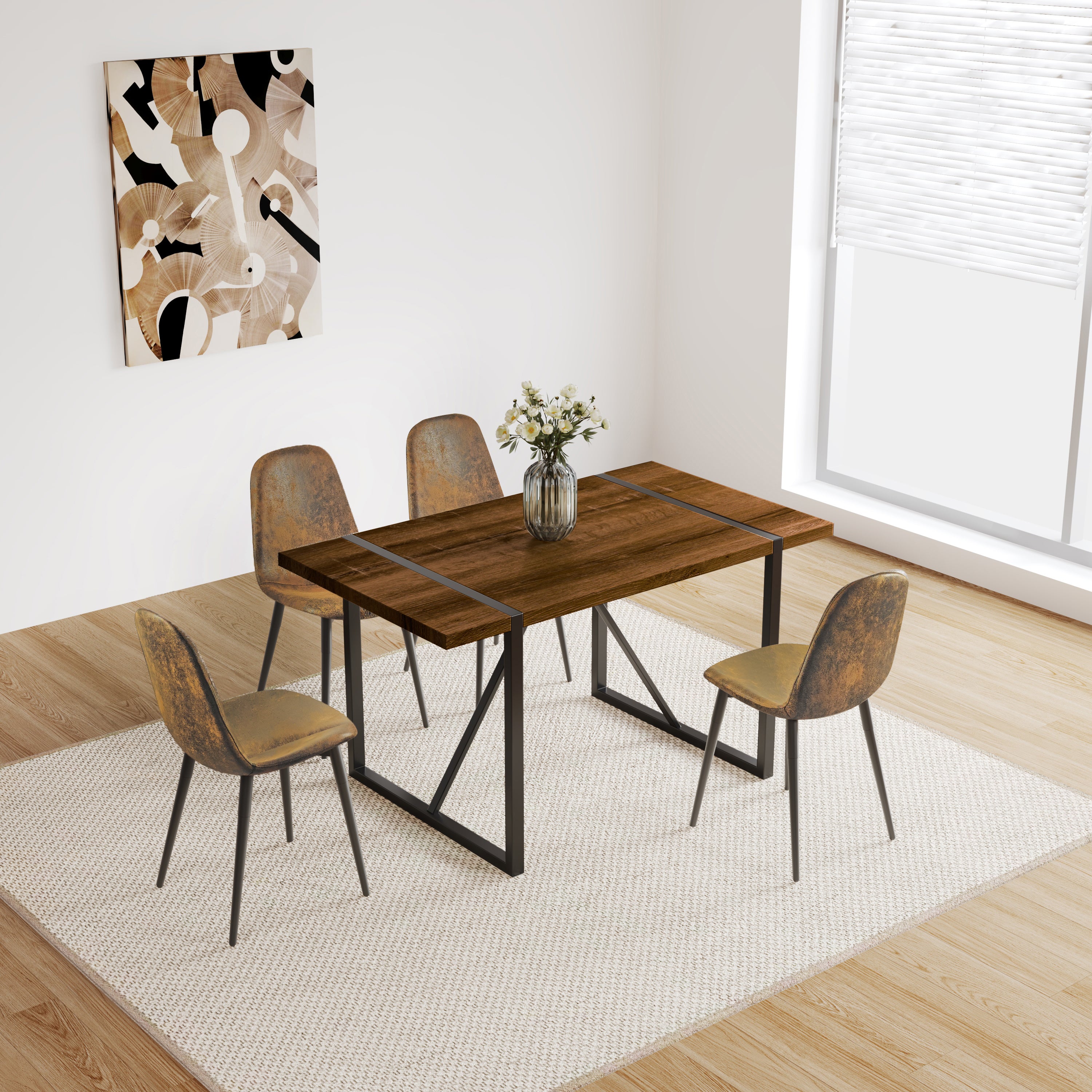 MDF Walnut Colour Dining Table and Modern Dining Chairs Set of 4, Mid Century Wooden Kitchen Table Set, Metal Base & Legs, Dining Room Table and Suede Chairs