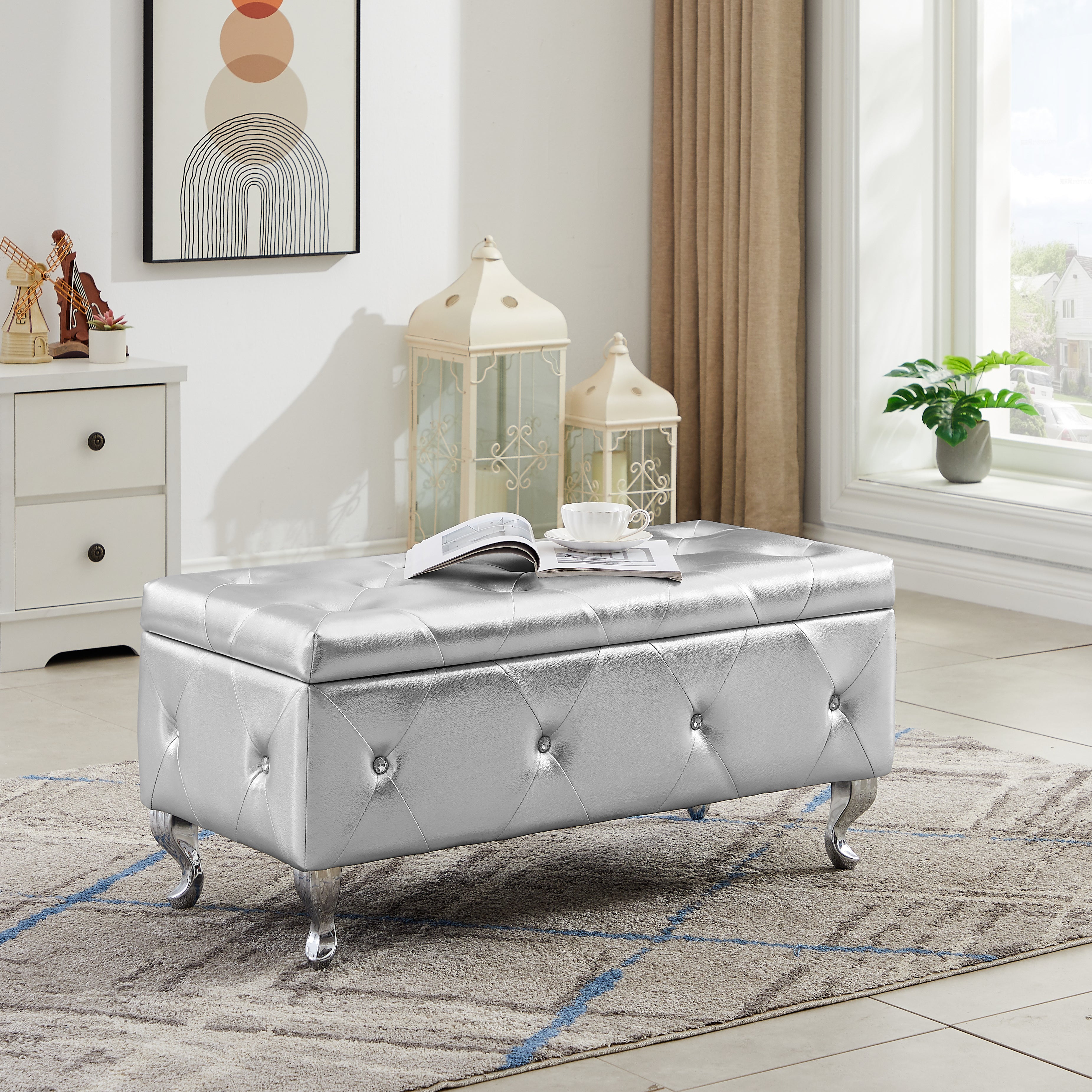 Storage Ottoman Bench, Bedroom End Bench,PU Leather Upholstered Storage Bench with Button,Storage Ottoman with Safety Hinge,Flip top,metal leg with footpad,For Living Room,Entryway,Bedroom,Silver
