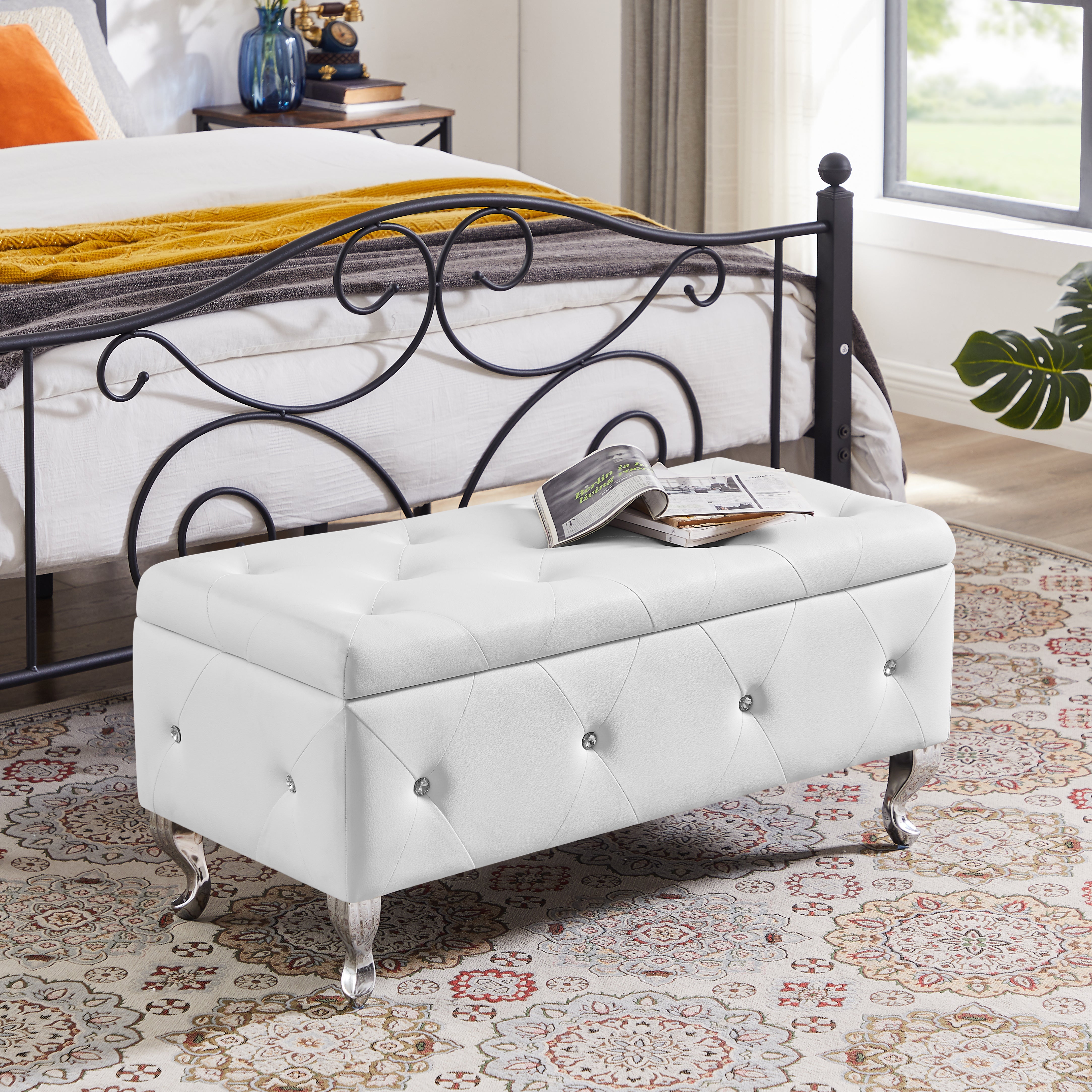 Storage Ottoman Bench, Bedroom End Bench,PU Leather Upholstered Storage Bench with Button,Storage Ottoman with Safety Hinge,Flip top,metal leg with footpad,For Living Room,Entryway,Bedroom,White
